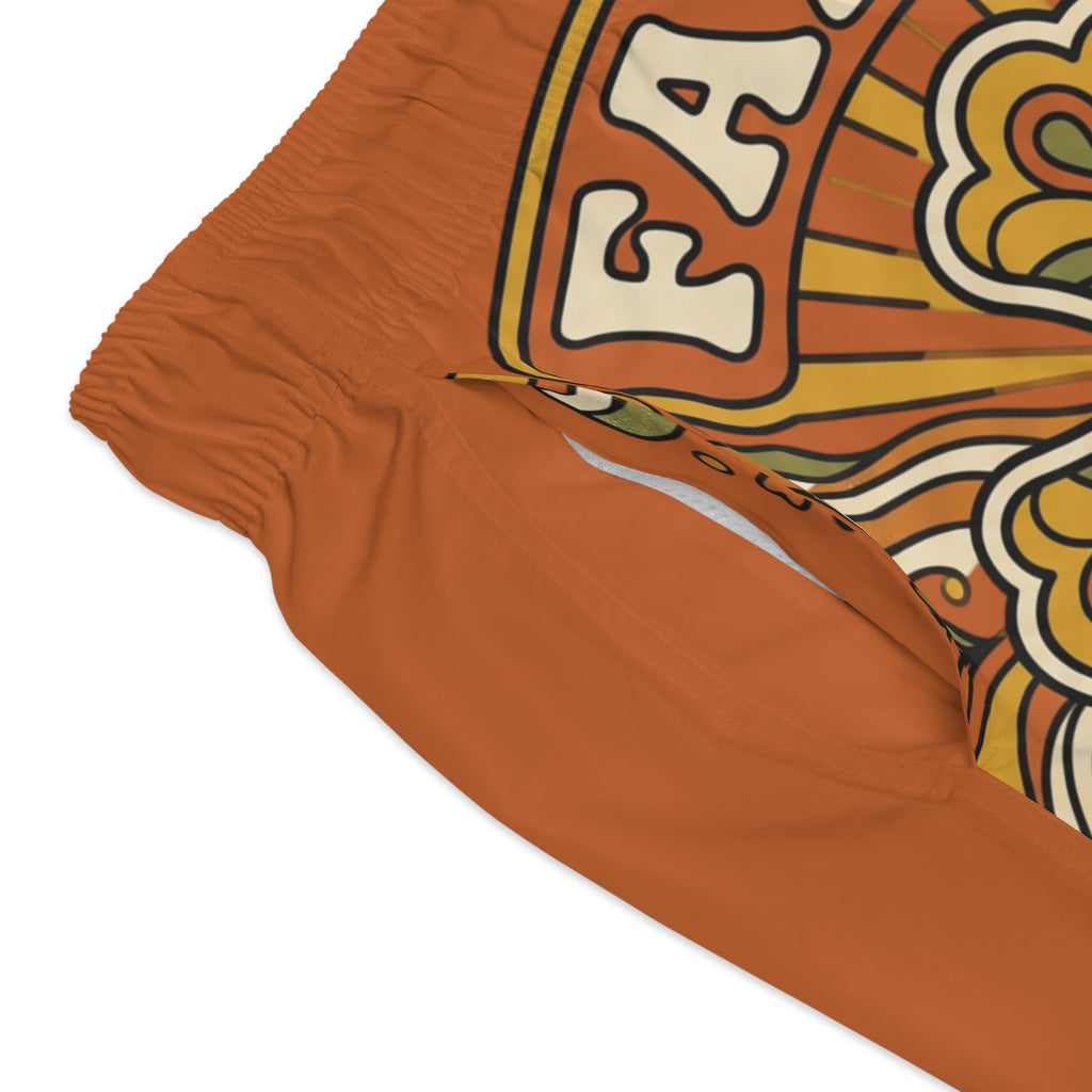 Groovy Faith Swim Trunks orange — Retro Orange Cross Beach Shorts