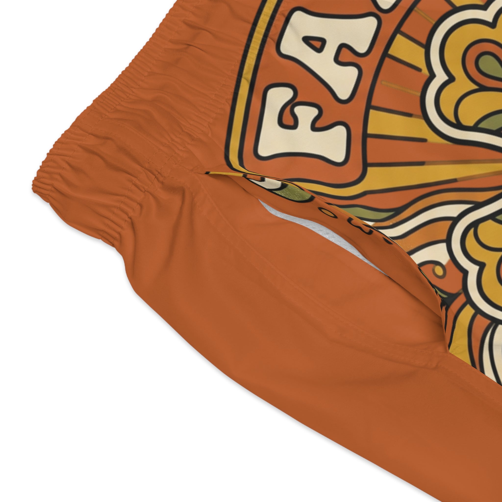 Groovy Faith Swim Trunks orange — Retro Orange Cross Beach Shorts