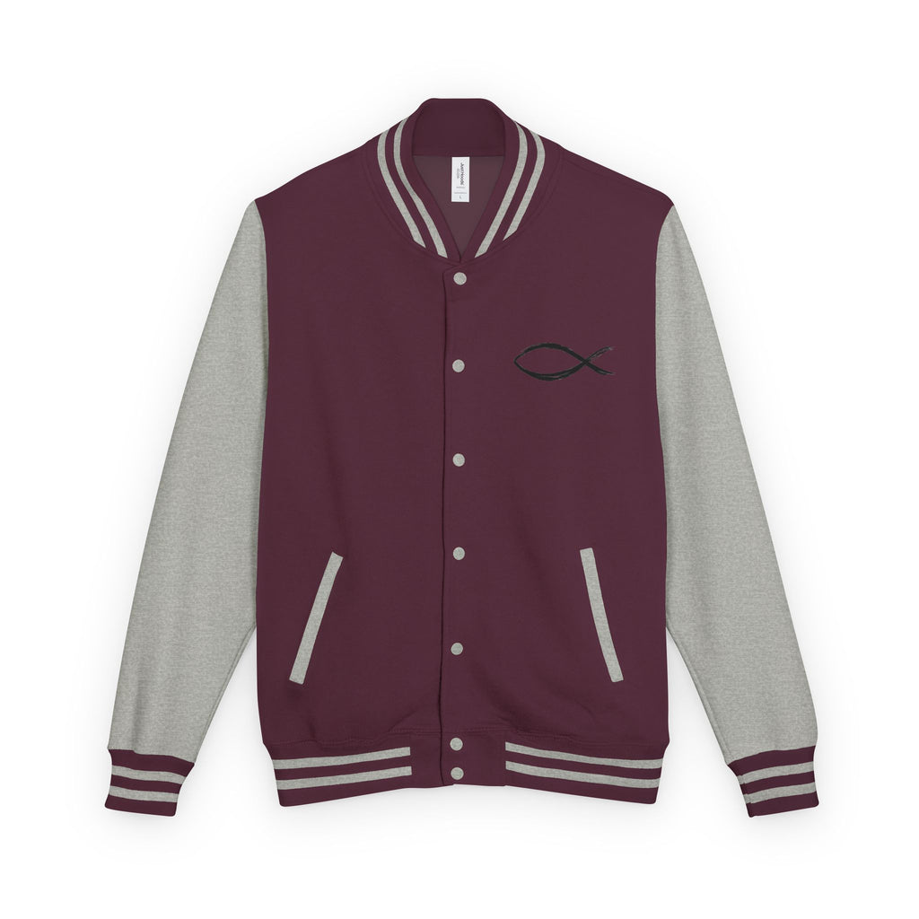 Christian Fish Symbol Emblem Letterman Jacket | Red White Varsity