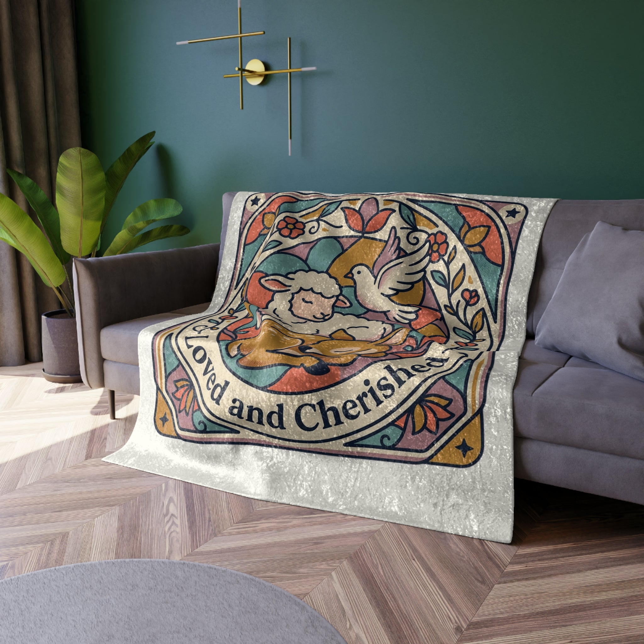Loved and Cherished lamb and fawn illustration Crushed Velvet Blanket | nursery decor, pastel vintage