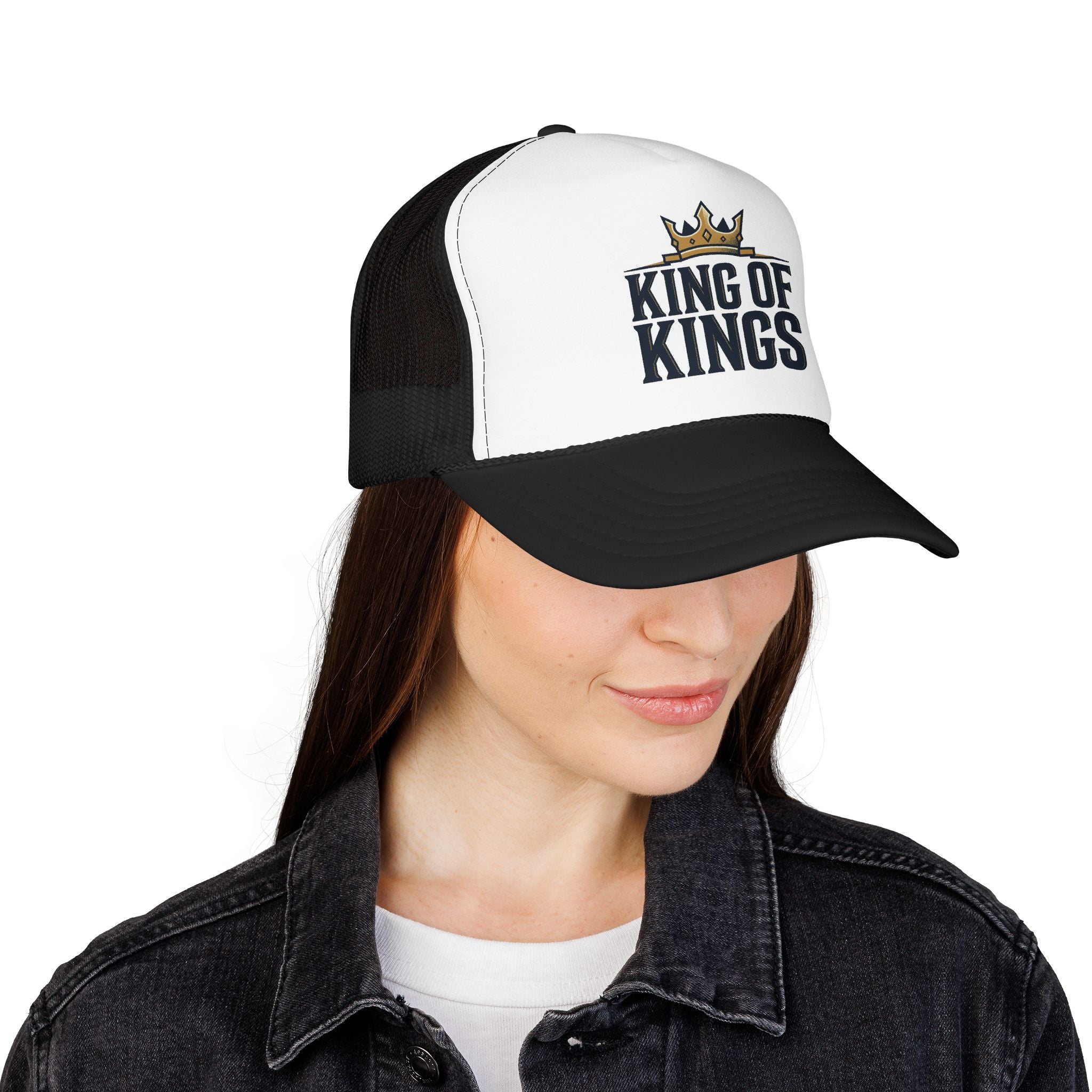 King of Kings Trucker Hat – Foam Mesh Baseball Cap with Gold Crown Design