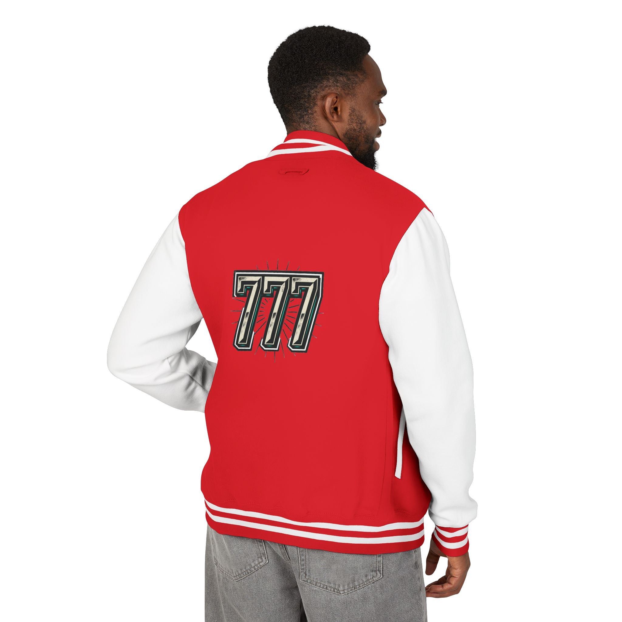 777 Emblem Letterman Jacket | Red White Varsity