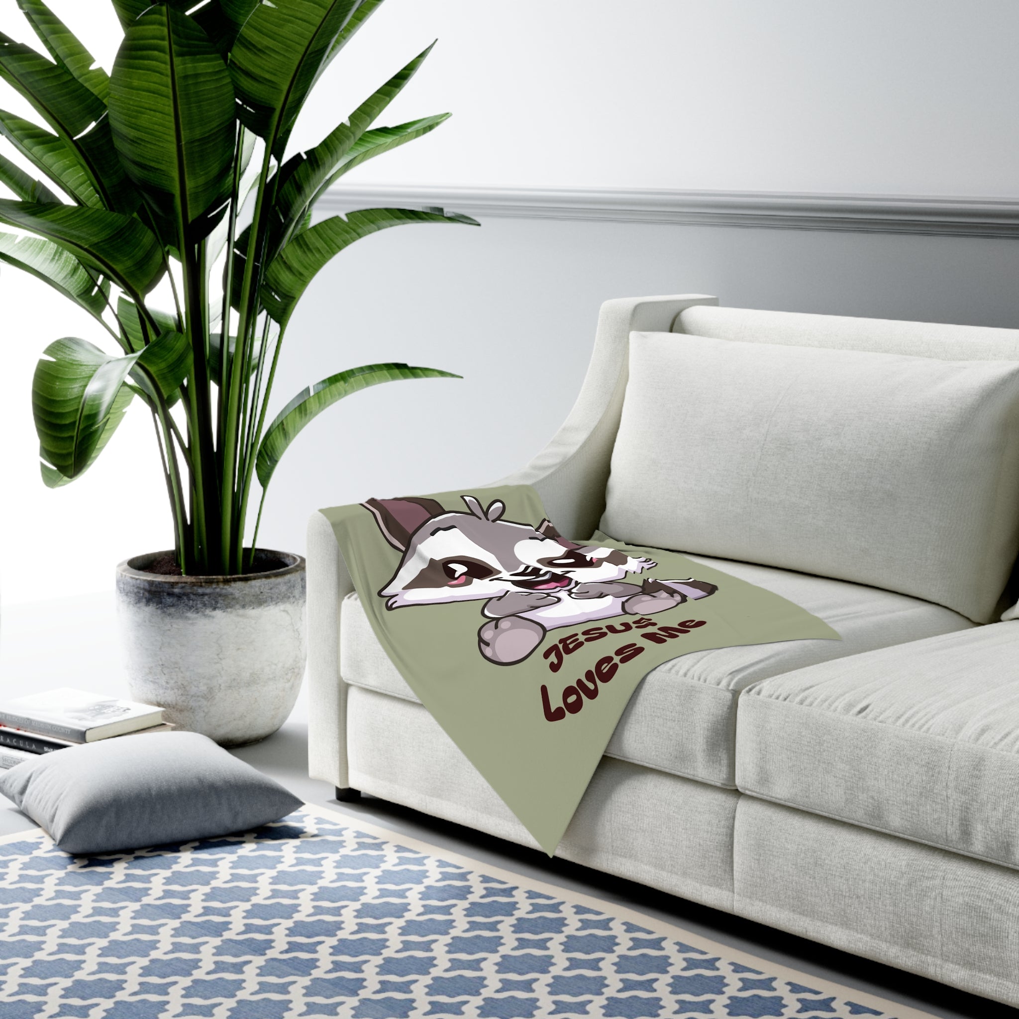 Cute Raccoon Jesus Loves Me Baby Swaddle Blanket | Religious Nursery Olive