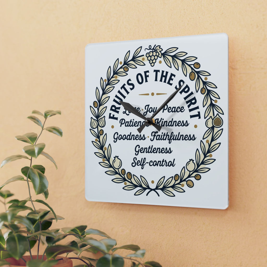 Fruits of the Spirit acrylic wall clock | Christian scripture typography, floral wreath