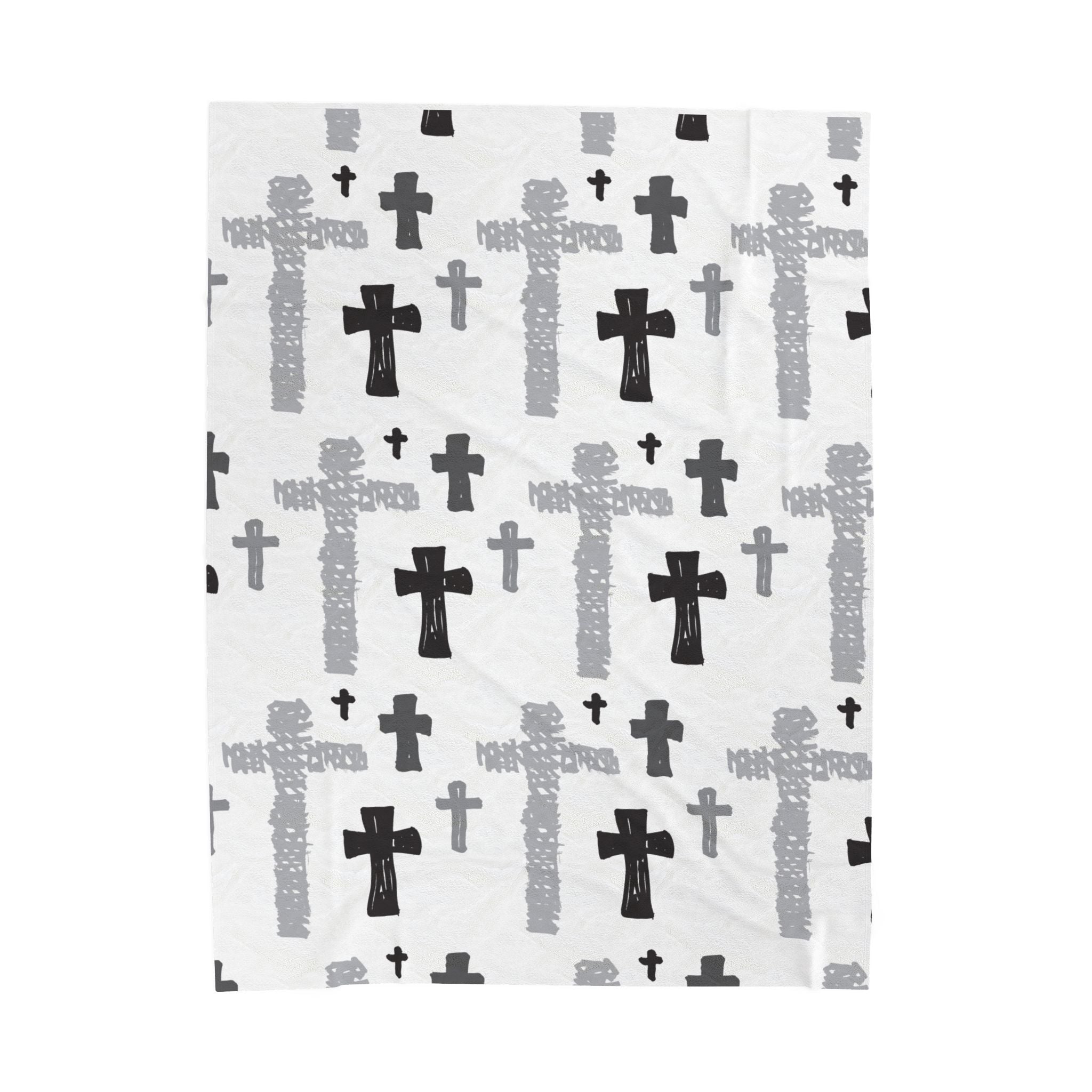 Hand-Drawn Cross Pattern Velveteen Blanket | Monochrome Religious Throw