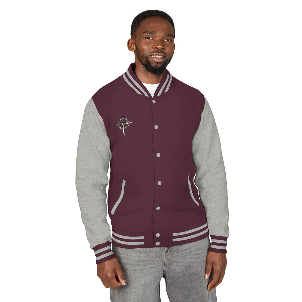 Gothic Cross Nail Emblem Letterman Jacket | Red White Varsity