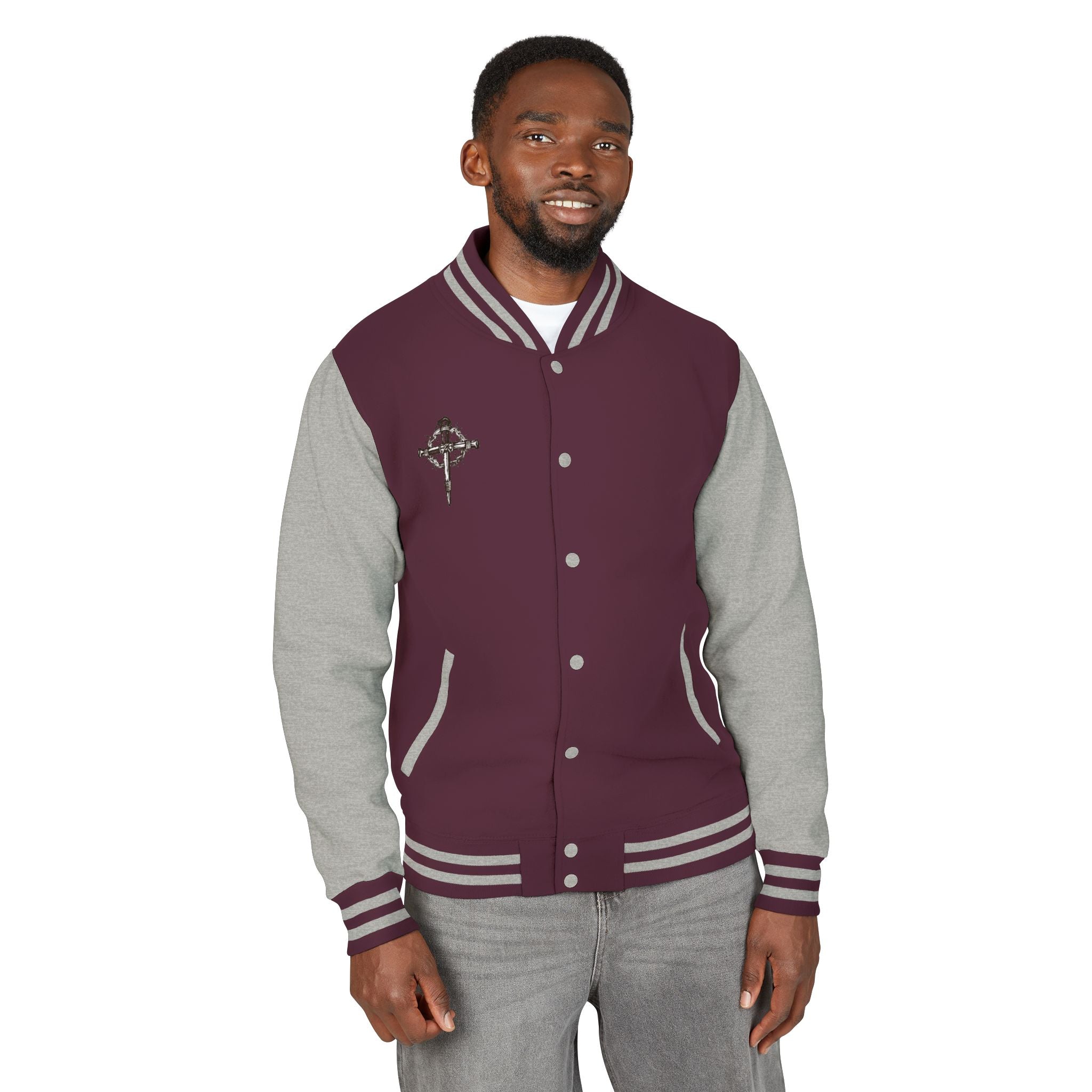 Gothic Cross Nail Emblem Letterman Jacket | Red White Varsity