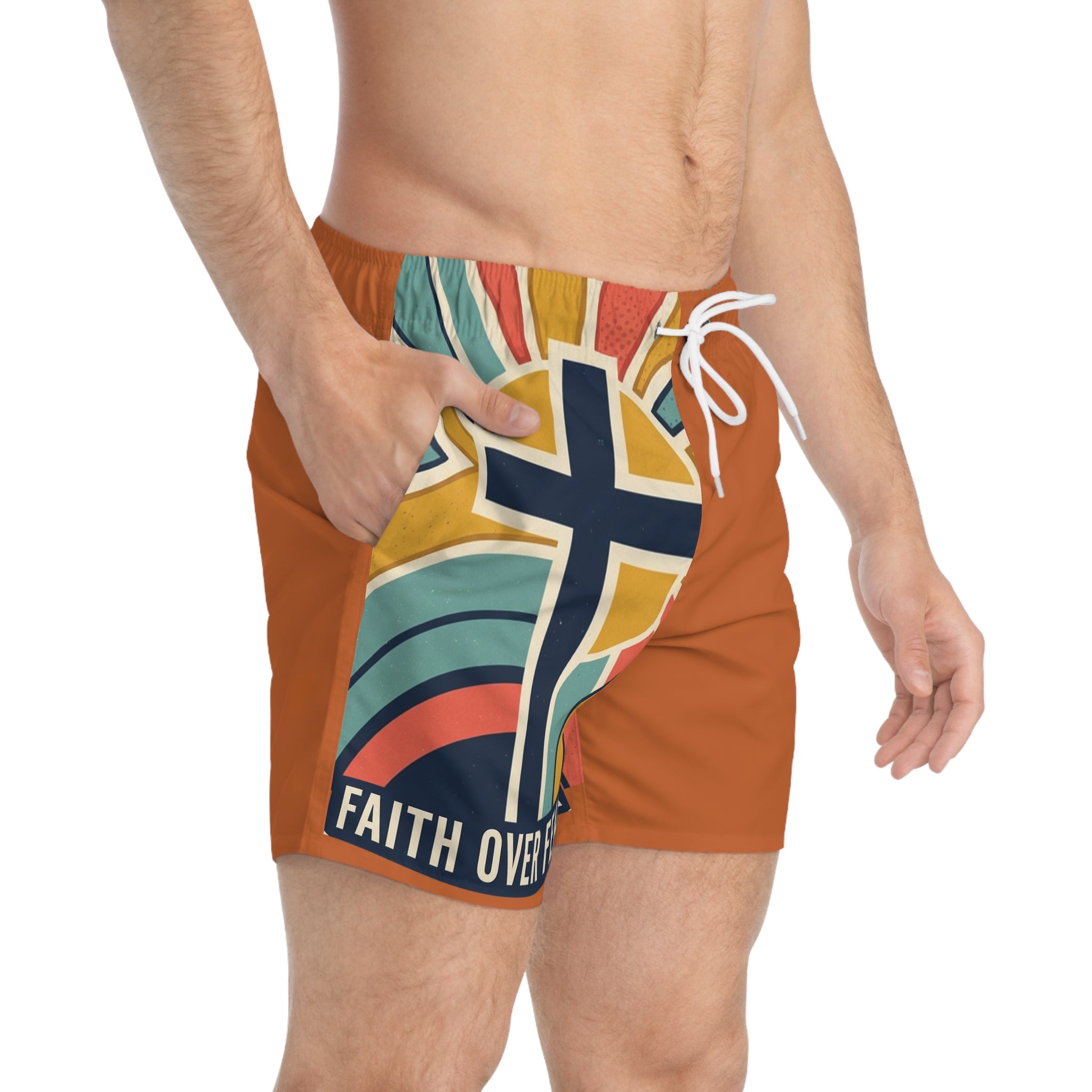 Faith over fear— Retro Orange Cross Beach Shorts