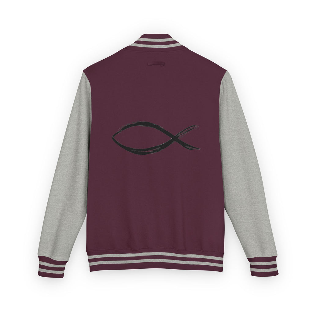 Christian Fish Symbol Emblem Letterman Jacket | Red White Varsity