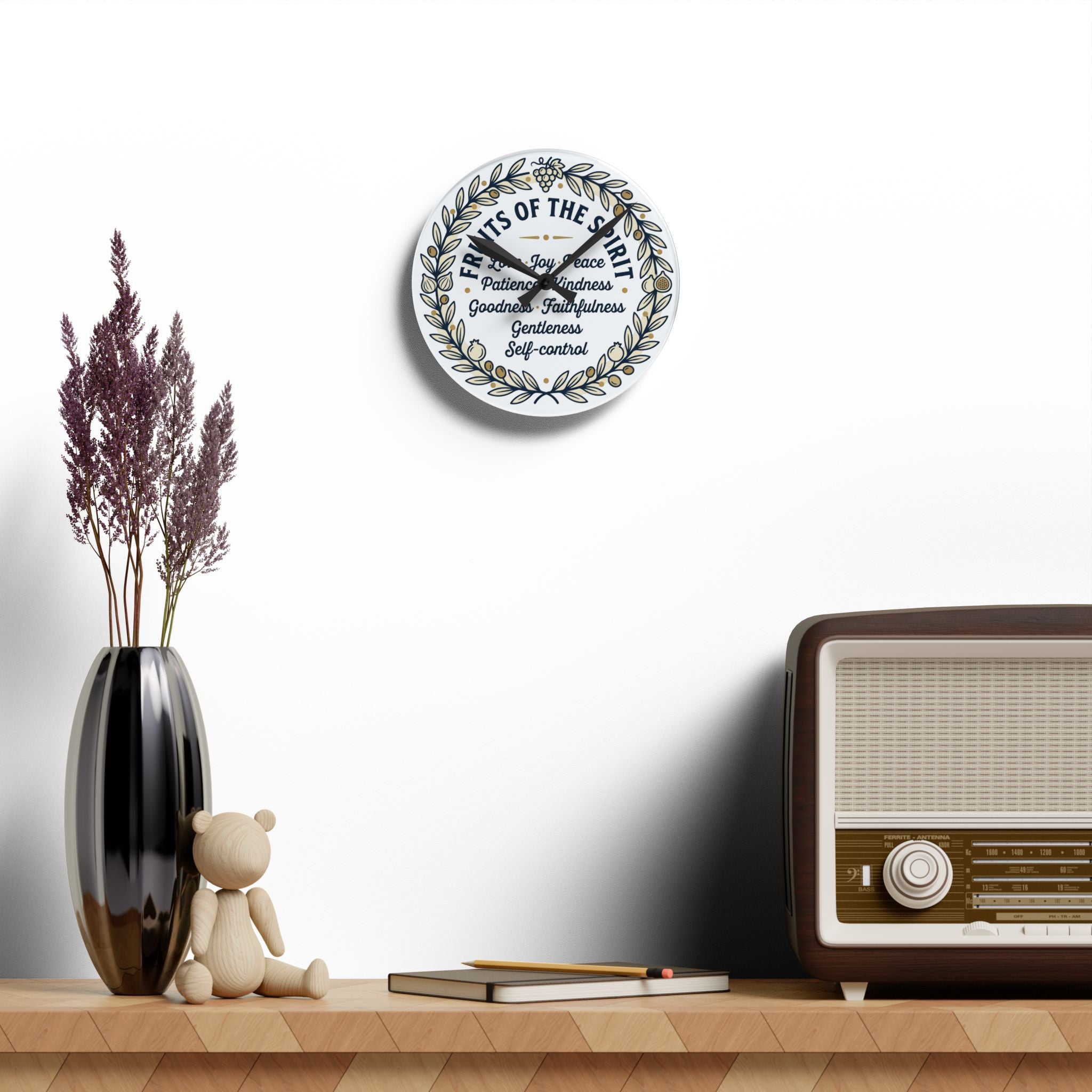 Fruits of the Spirit acrylic wall clock | Christian scripture typography, floral wreath