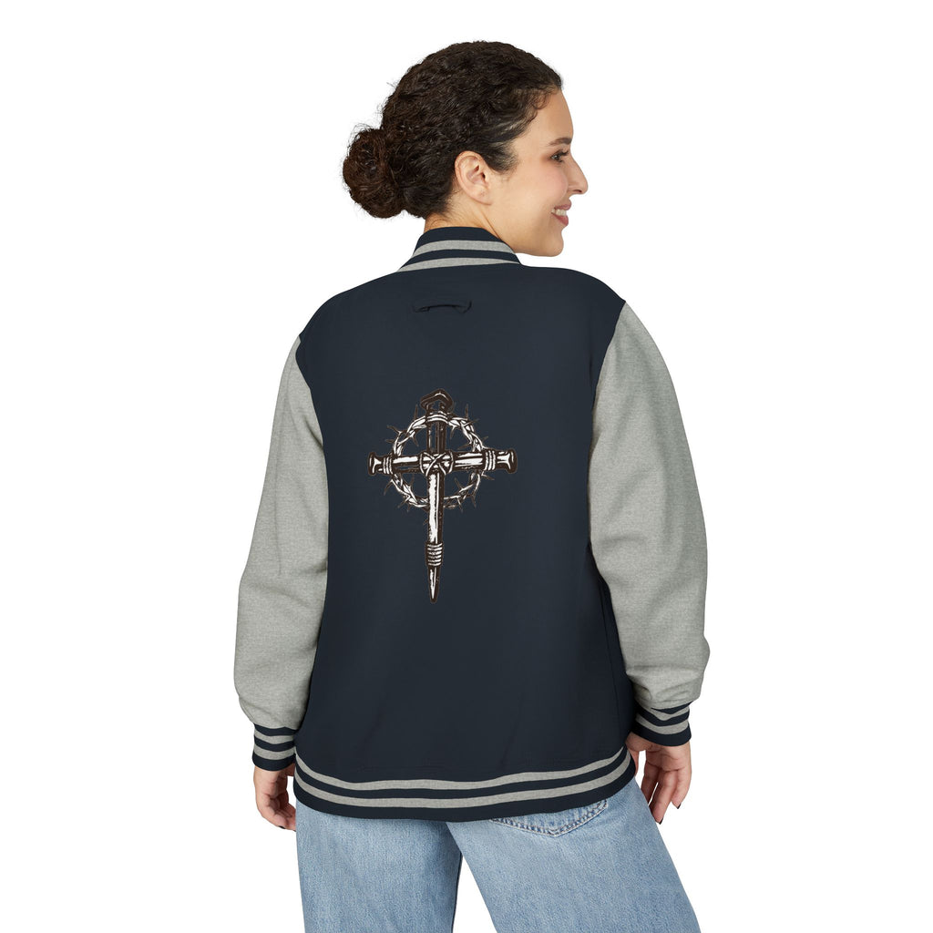 Gothic Cross Nail Emblem Letterman Jacket | Red White Varsity