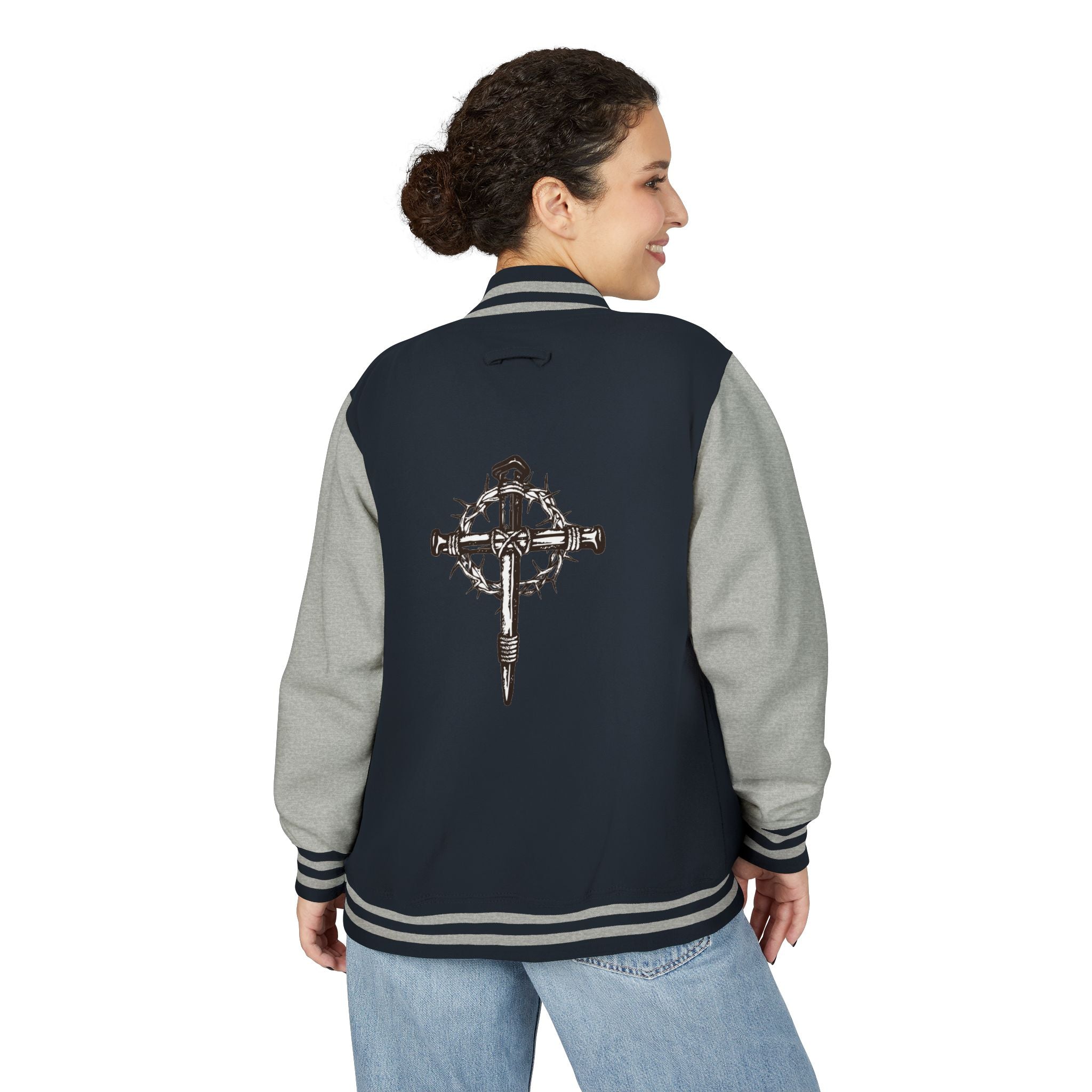 Gothic Cross Nail Emblem Letterman Jacket | Red White Varsity