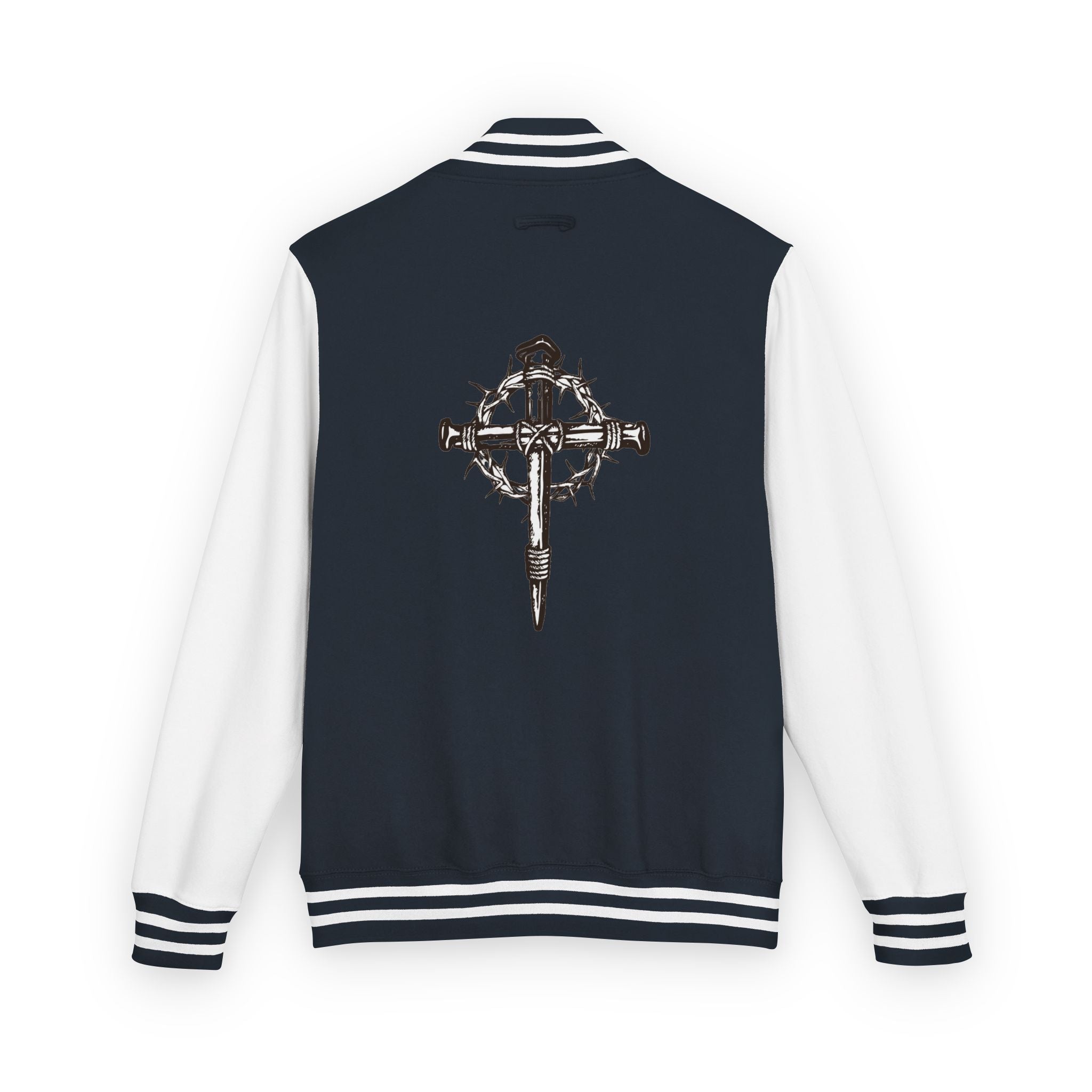 Gothic Cross Nail Emblem Letterman Jacket | Red White Varsity