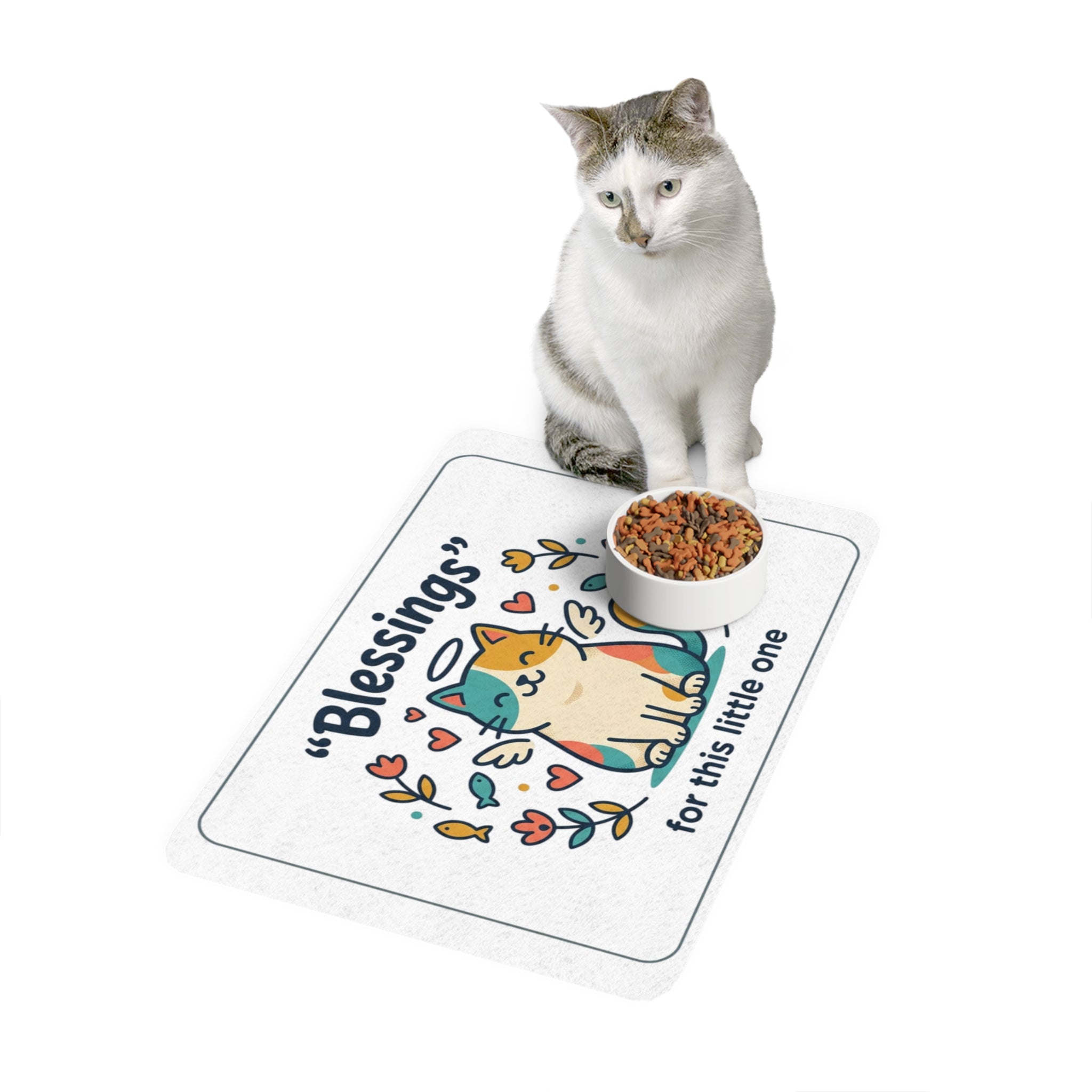 Pet Food Mat — "Blessings for This Little One" Cute Angel Cat Feeding Mat
