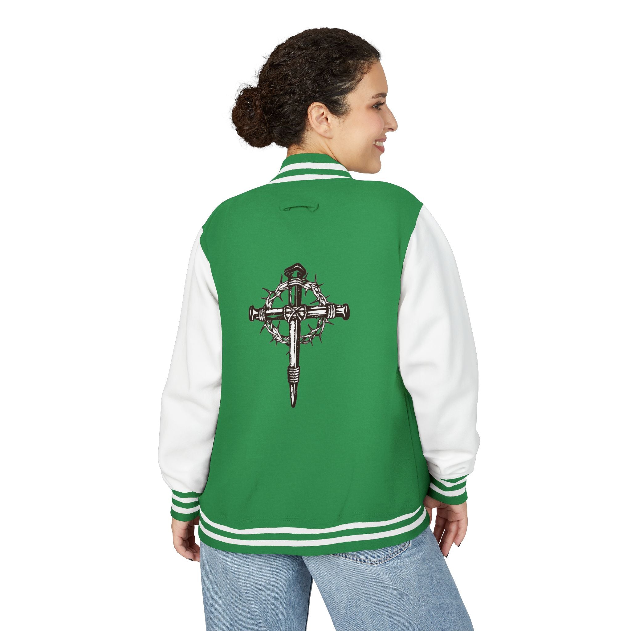 Gothic Cross Nail Emblem Letterman Jacket | Red White Varsity