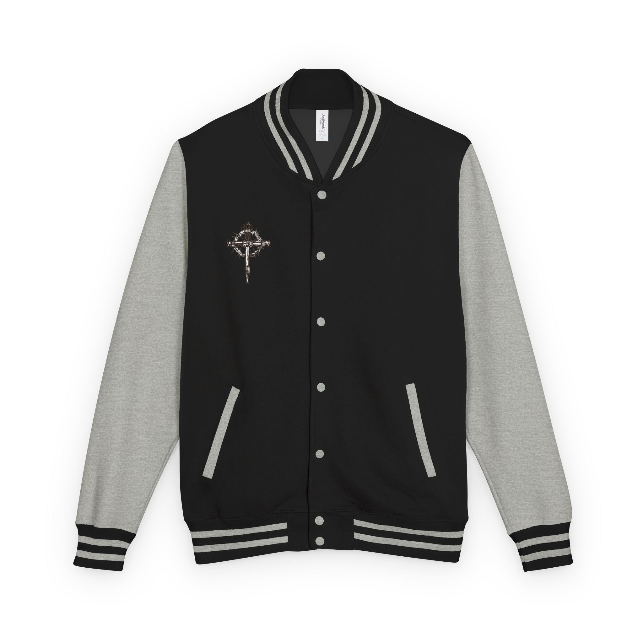 Gothic Cross Nail Emblem Letterman Jacket | Red White Varsity