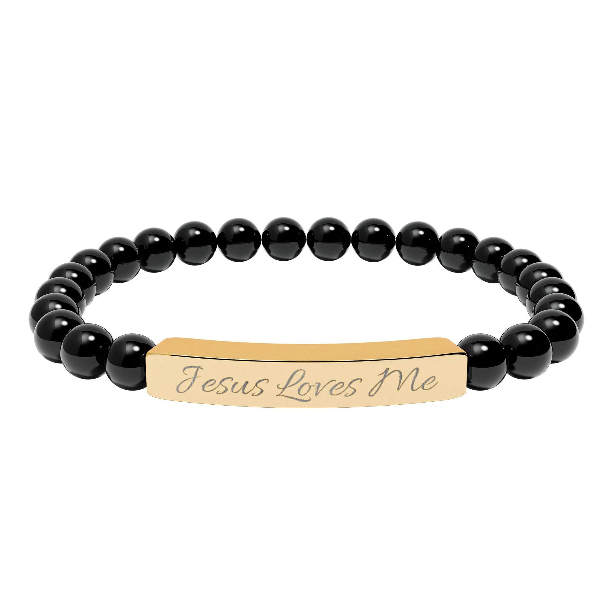 Jesus Loves Me Engraved Bar Natural Stone Bracelet | Stretch Beaded Bracelet