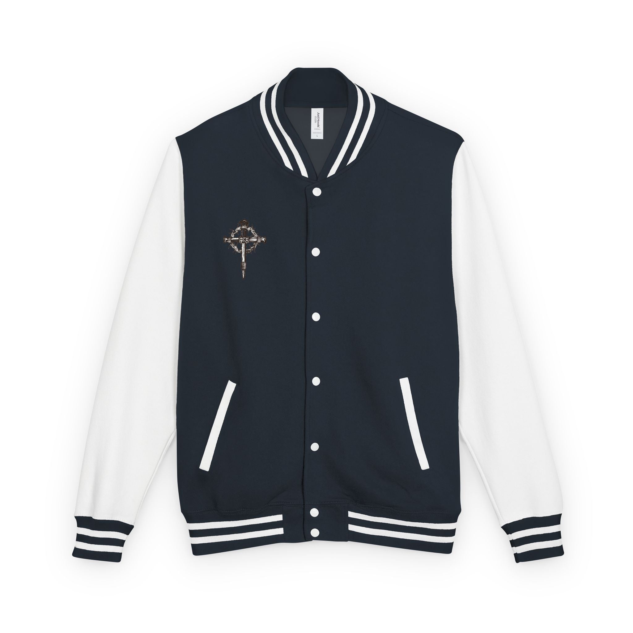 Gothic Cross Nail Emblem Letterman Jacket | Red White Varsity