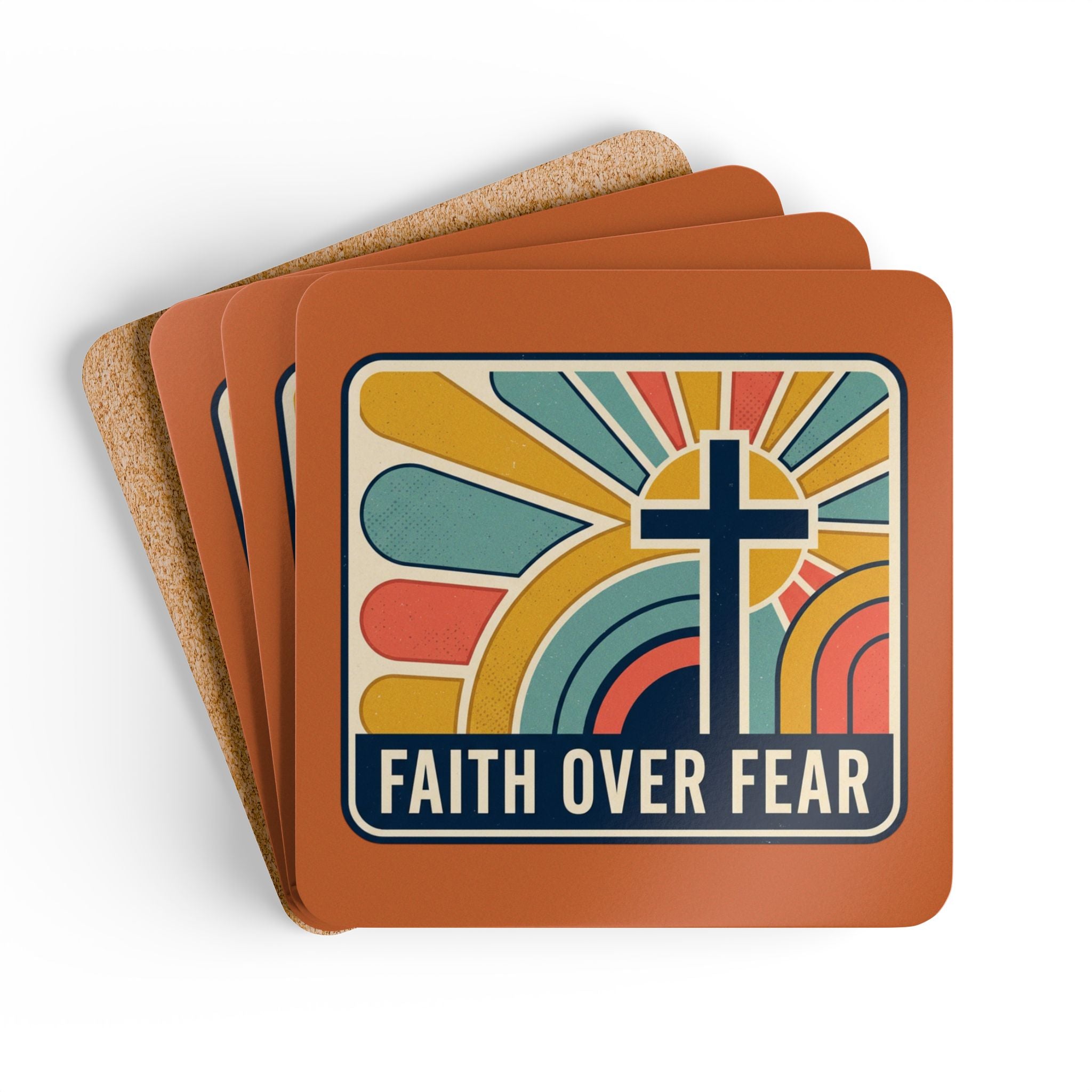 "Faith over Fear" Cork Coaster Set – 'Come as You Are' Retro Door & Heart Drink Coasters