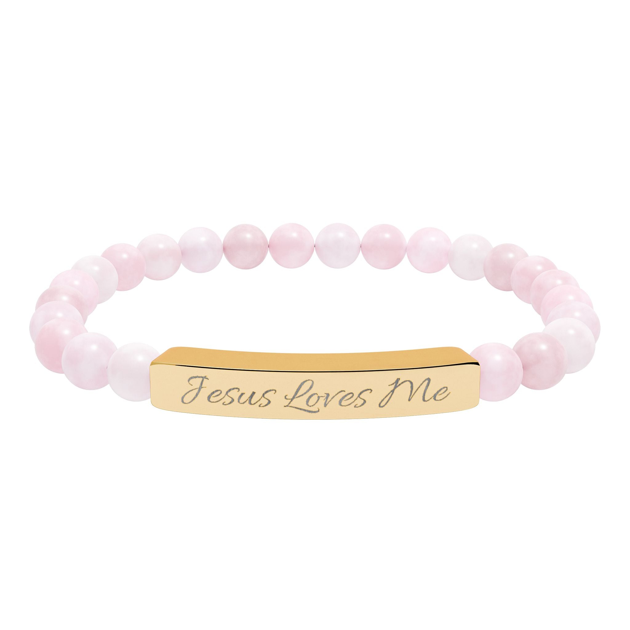 Jesus Loves Me Engraved Bar Natural Stone Bracelet | Stretch Beaded Bracelet
