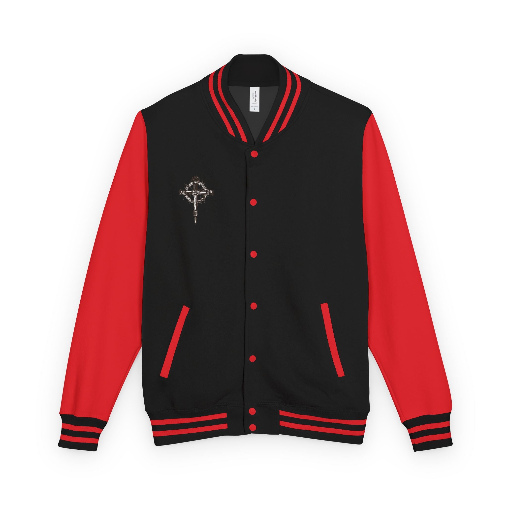 Gothic Cross Nail Emblem Letterman Jacket | Red White Varsity