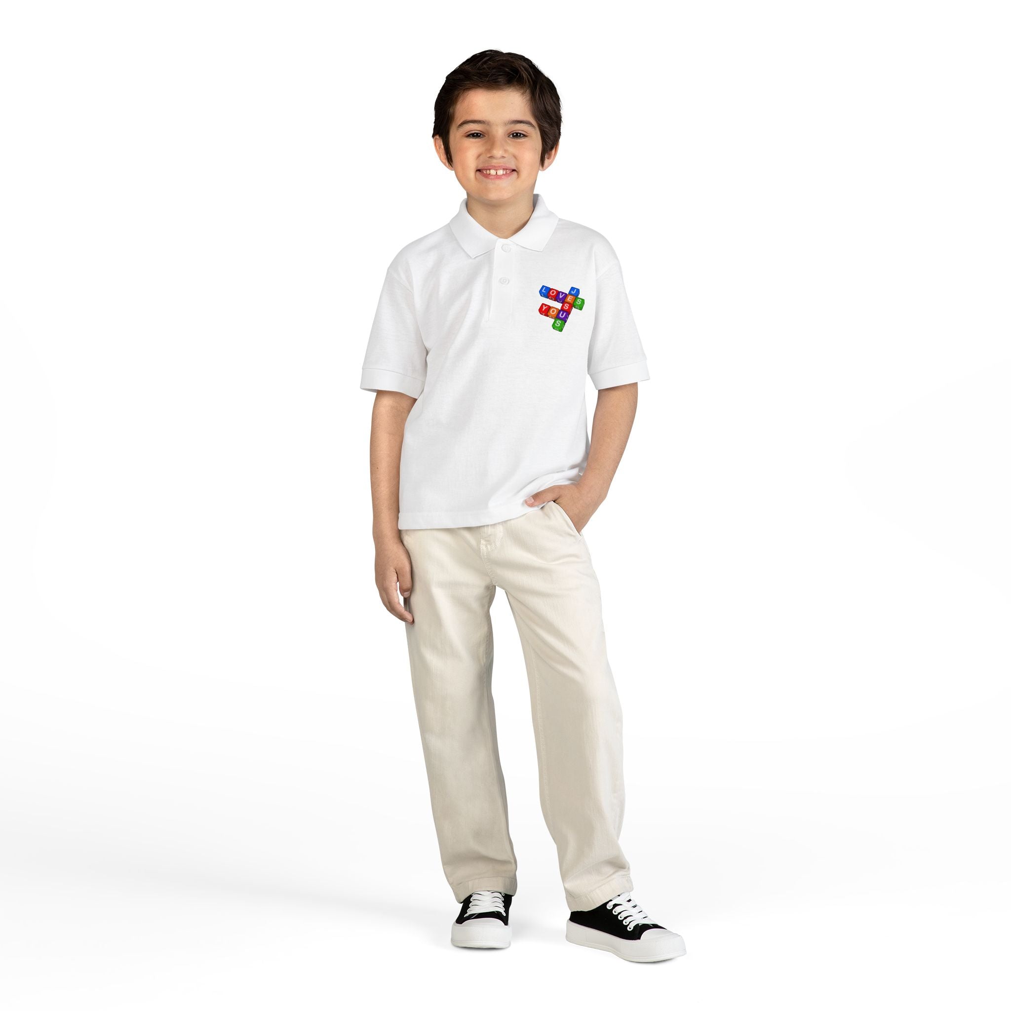 Jesus Loves You cross block design Youth Polo