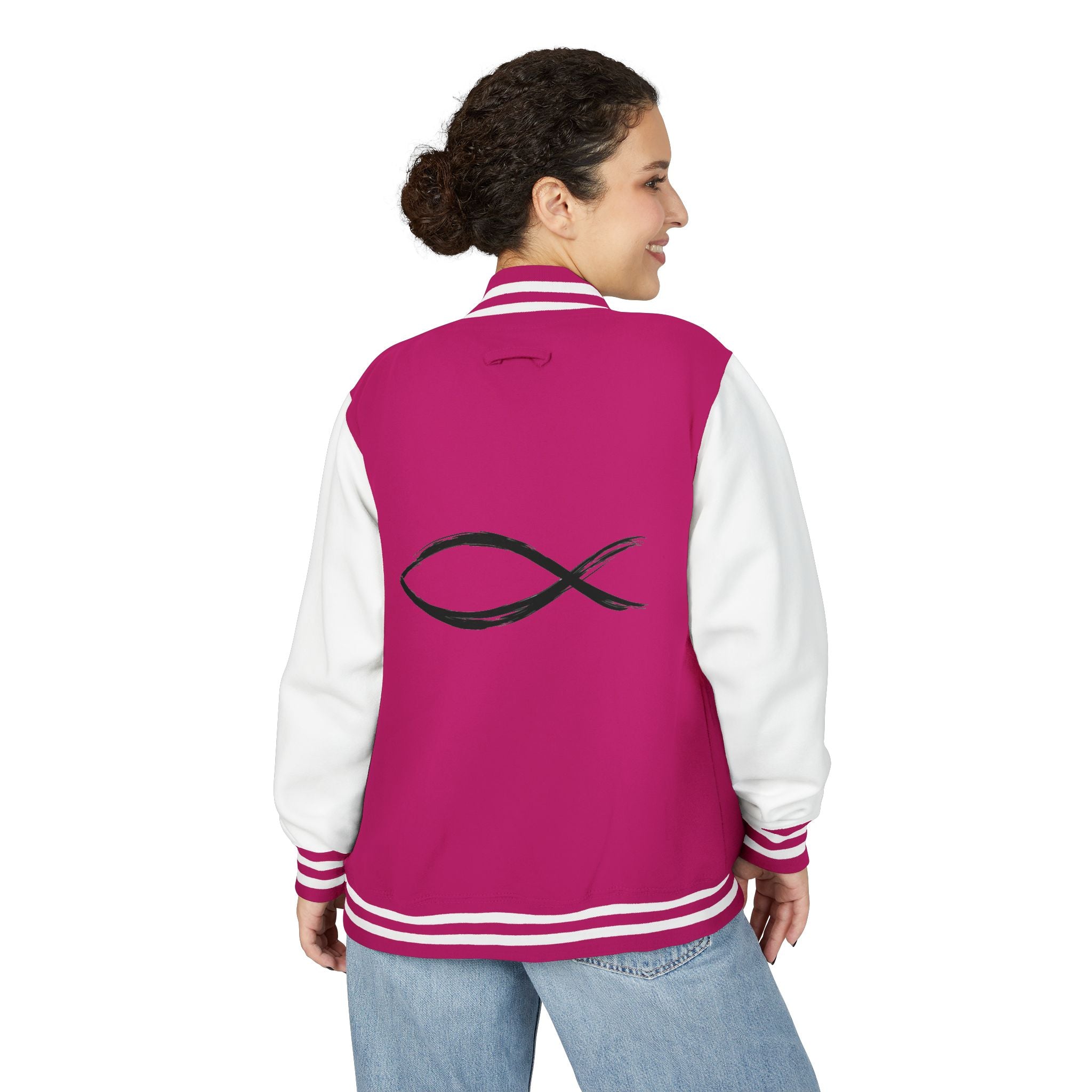 Christian Fish Symbol Emblem Letterman Jacket | Red White Varsity