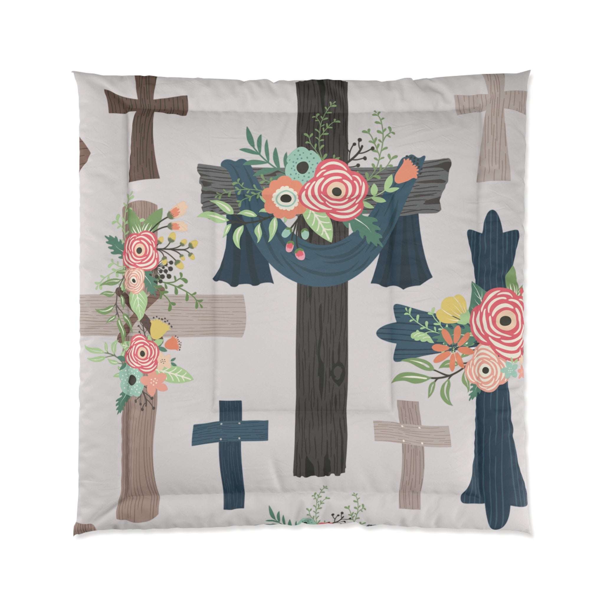 Floral Cross Comforter – Christian Bedroom Duvet with Pink Rose Wreaths
