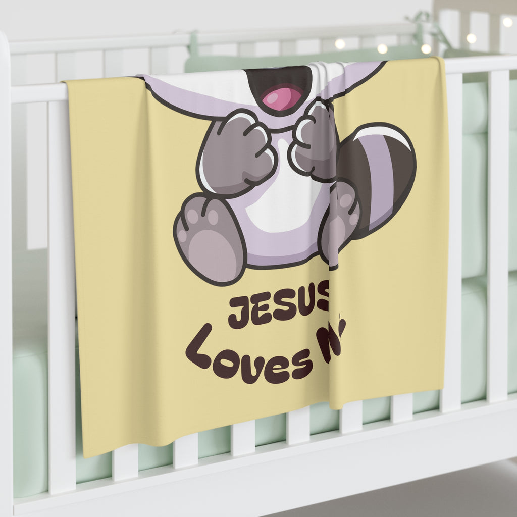Cute Raccoon Jesus Loves Me Baby Swaddle Blanket | Religious Nursery Yellow