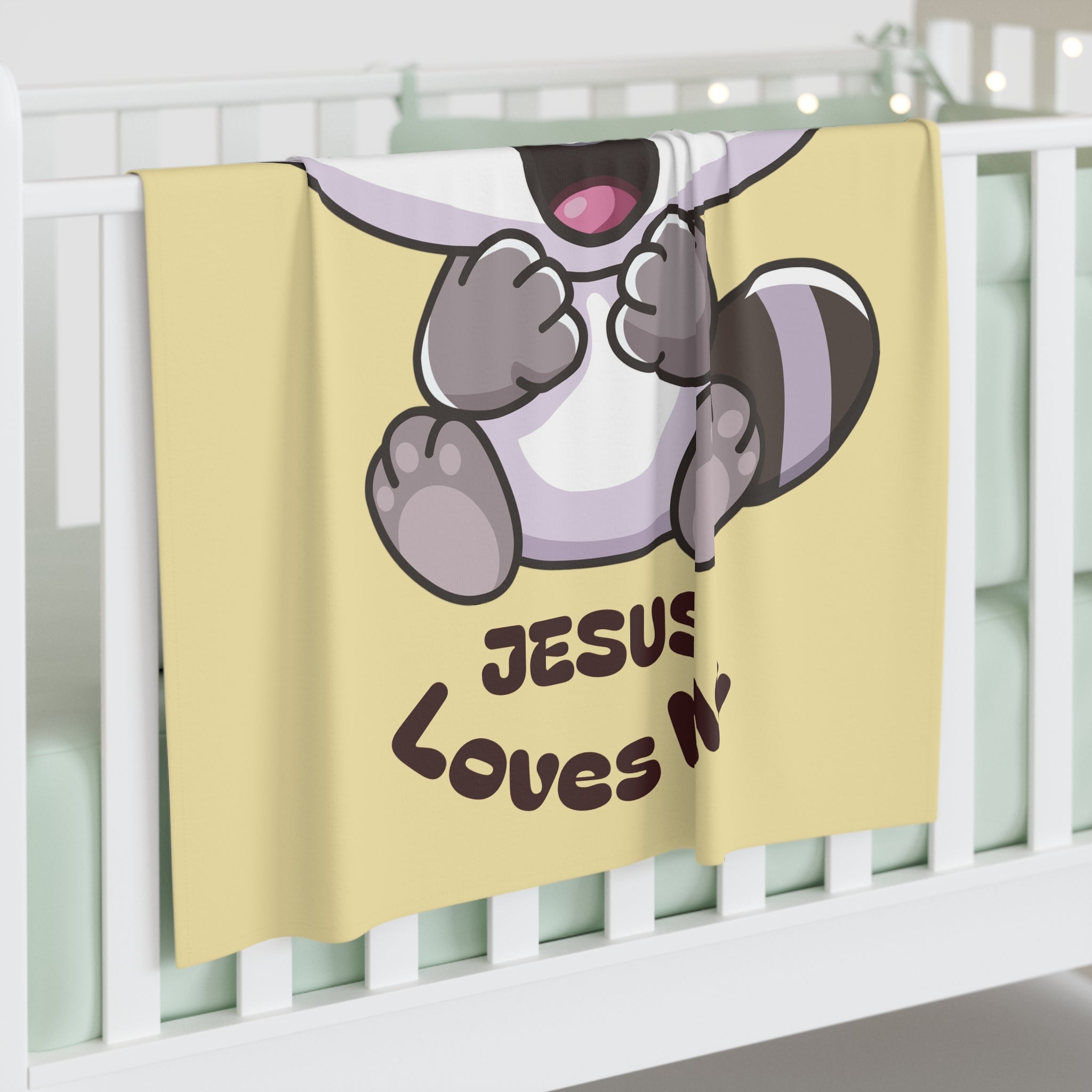 Cute Raccoon Jesus Loves Me Baby Swaddle Blanket | Religious Nursery Yellow