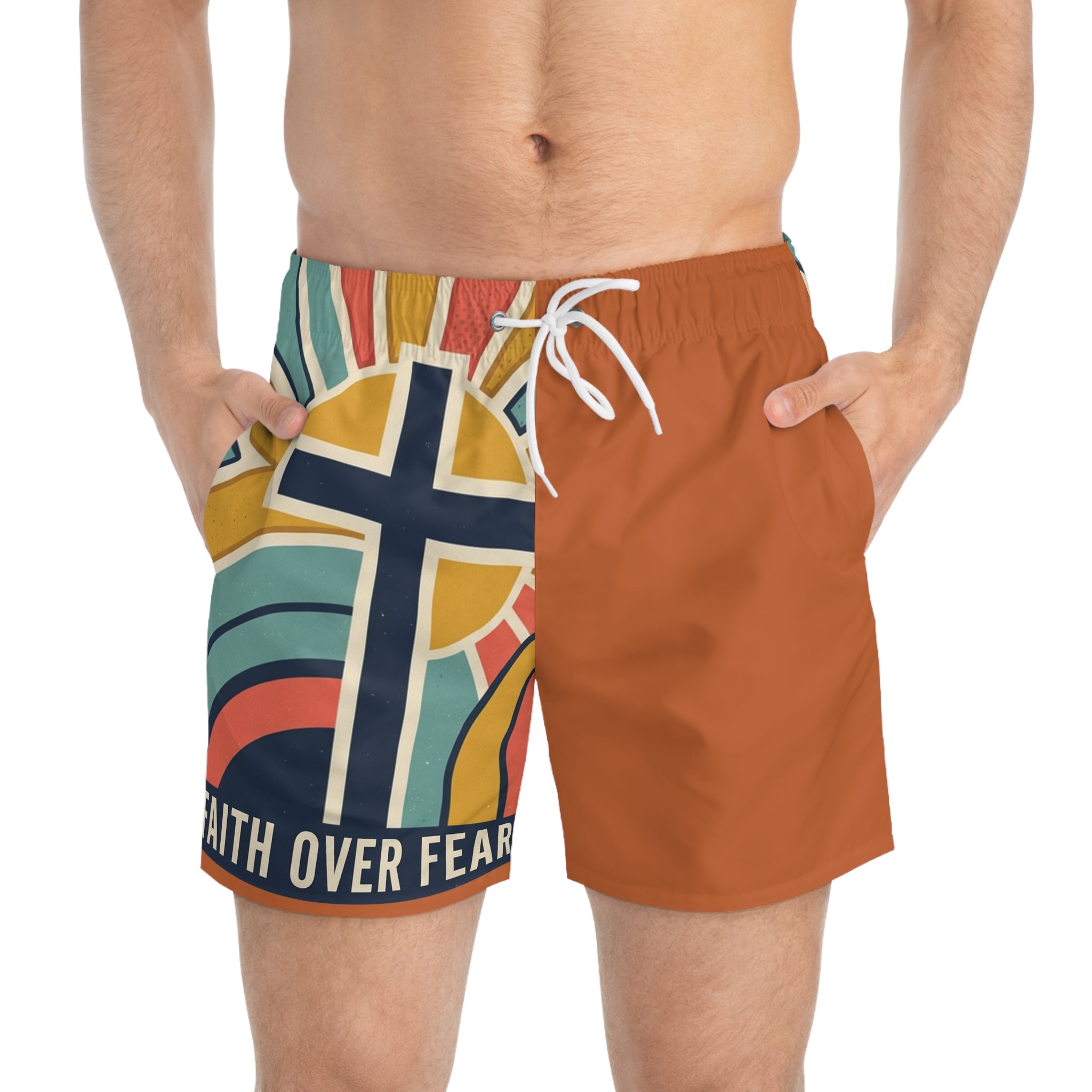 Faith over fear— Retro Orange Cross Beach Shorts