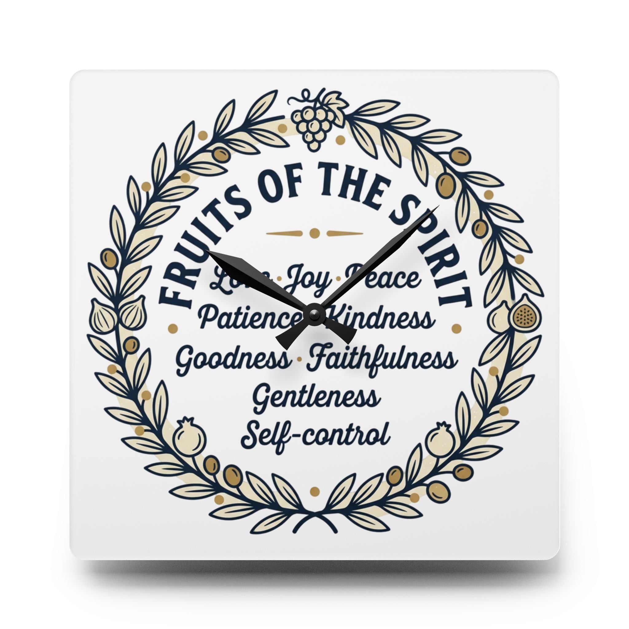 Fruits of the Spirit acrylic wall clock | Christian scripture typography, floral wreath
