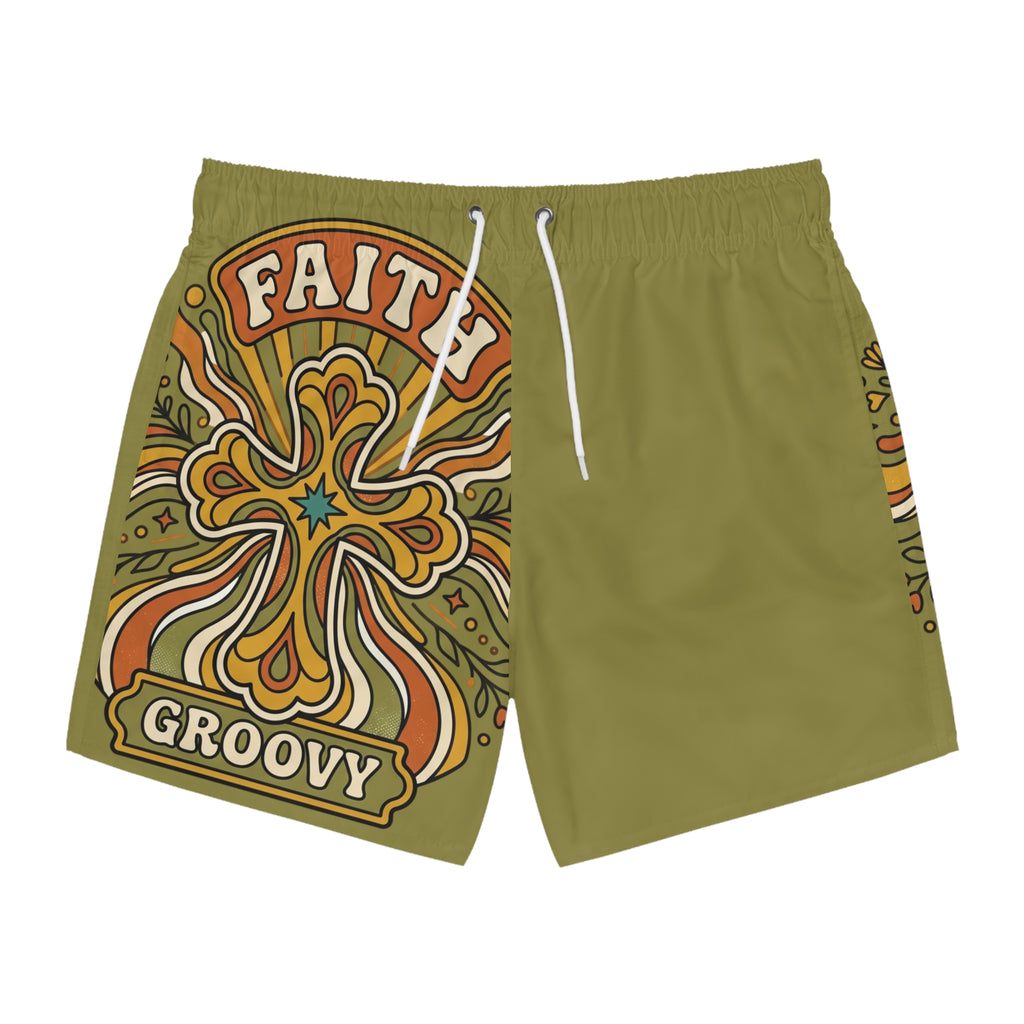 Groovy Faith Swim Trunks green— Retro Orange Cross Beach Shorts