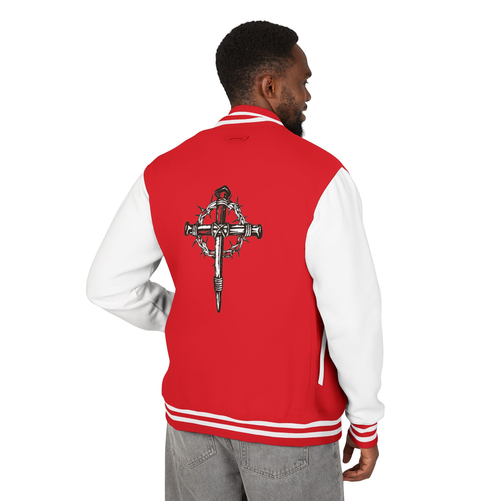 Gothic Cross Nail Emblem Letterman Jacket | Red White Varsity