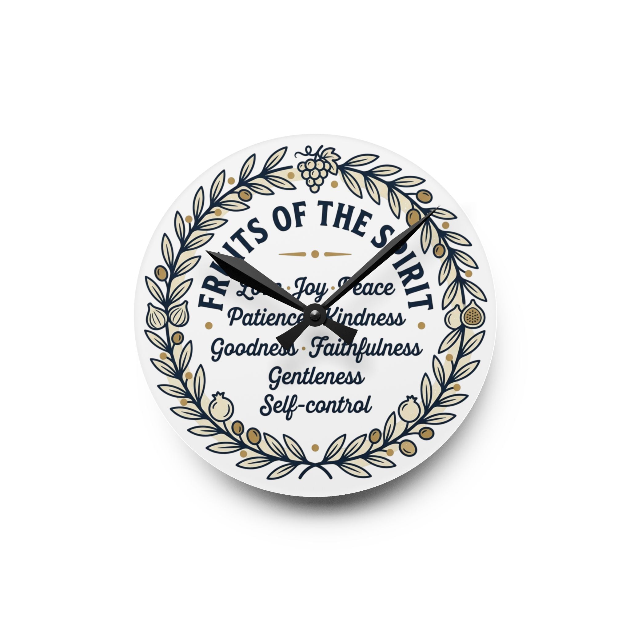 Fruits of the Spirit acrylic wall clock | Christian scripture typography, floral wreath