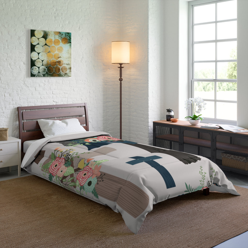 Floral Cross Comforter – Christian Bedroom Duvet with Pink Rose Wreaths