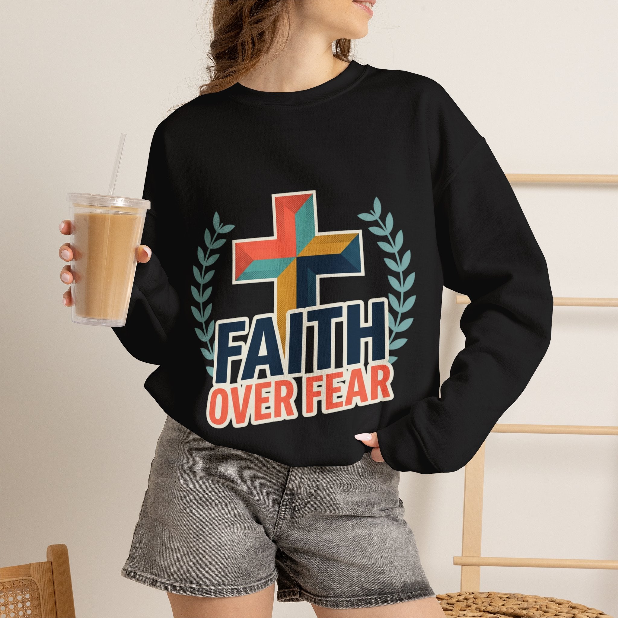 Faith Over Fear Crewneck Sweatshirt — Christian Cross Inspirational Pullover