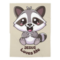 Cute Raccoon Jesus Loves Me Baby Swaddle Blanket | Religious Nursery Fawn