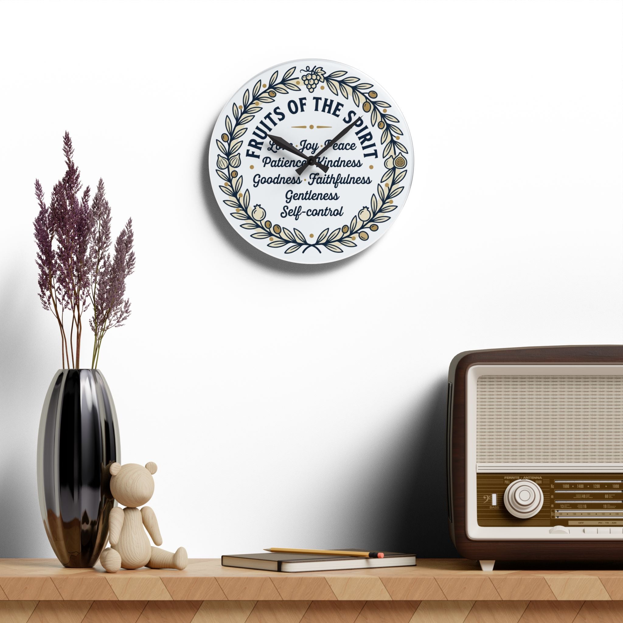Fruits of the Spirit acrylic wall clock | Christian scripture typography, floral wreath
