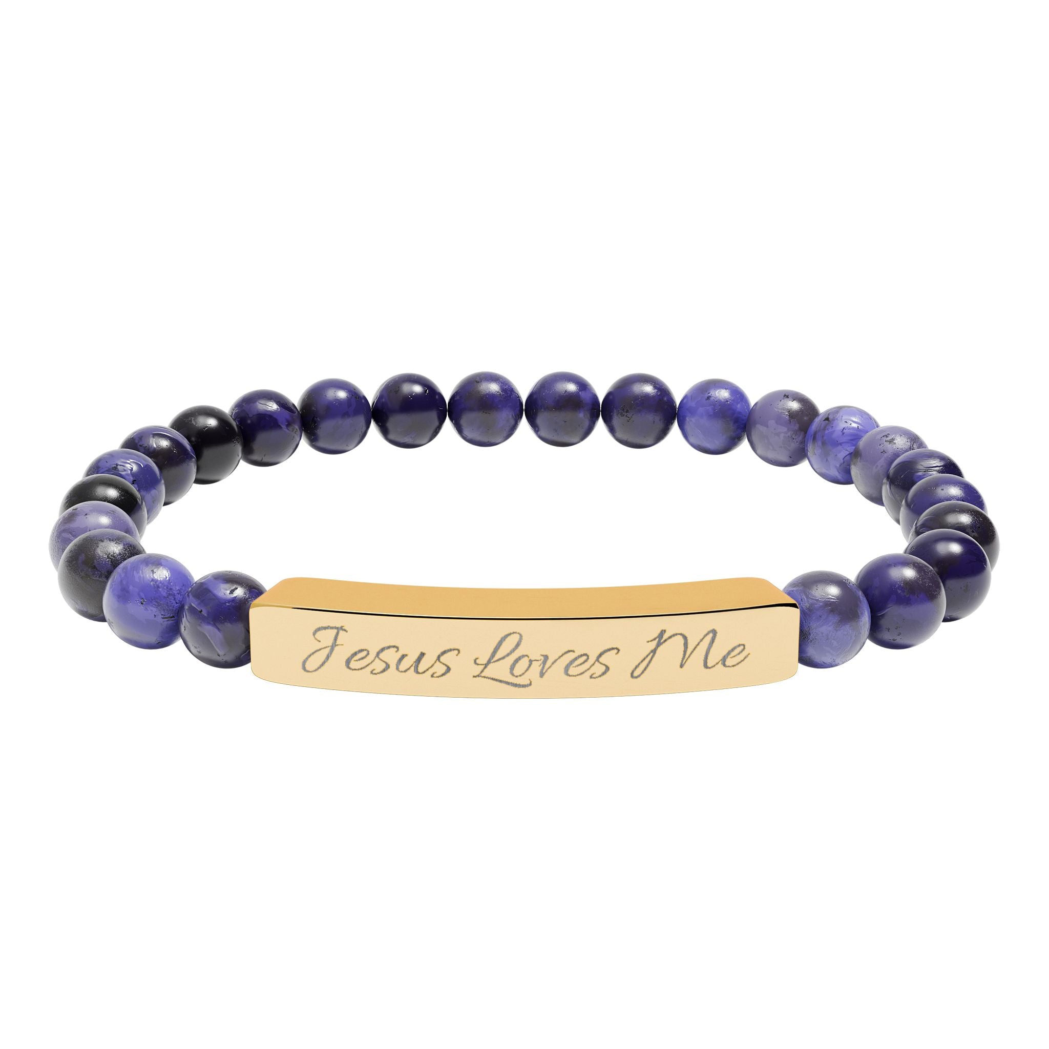 Jesus Loves Me Engraved Bar Natural Stone Bracelet | Stretch Beaded Bracelet