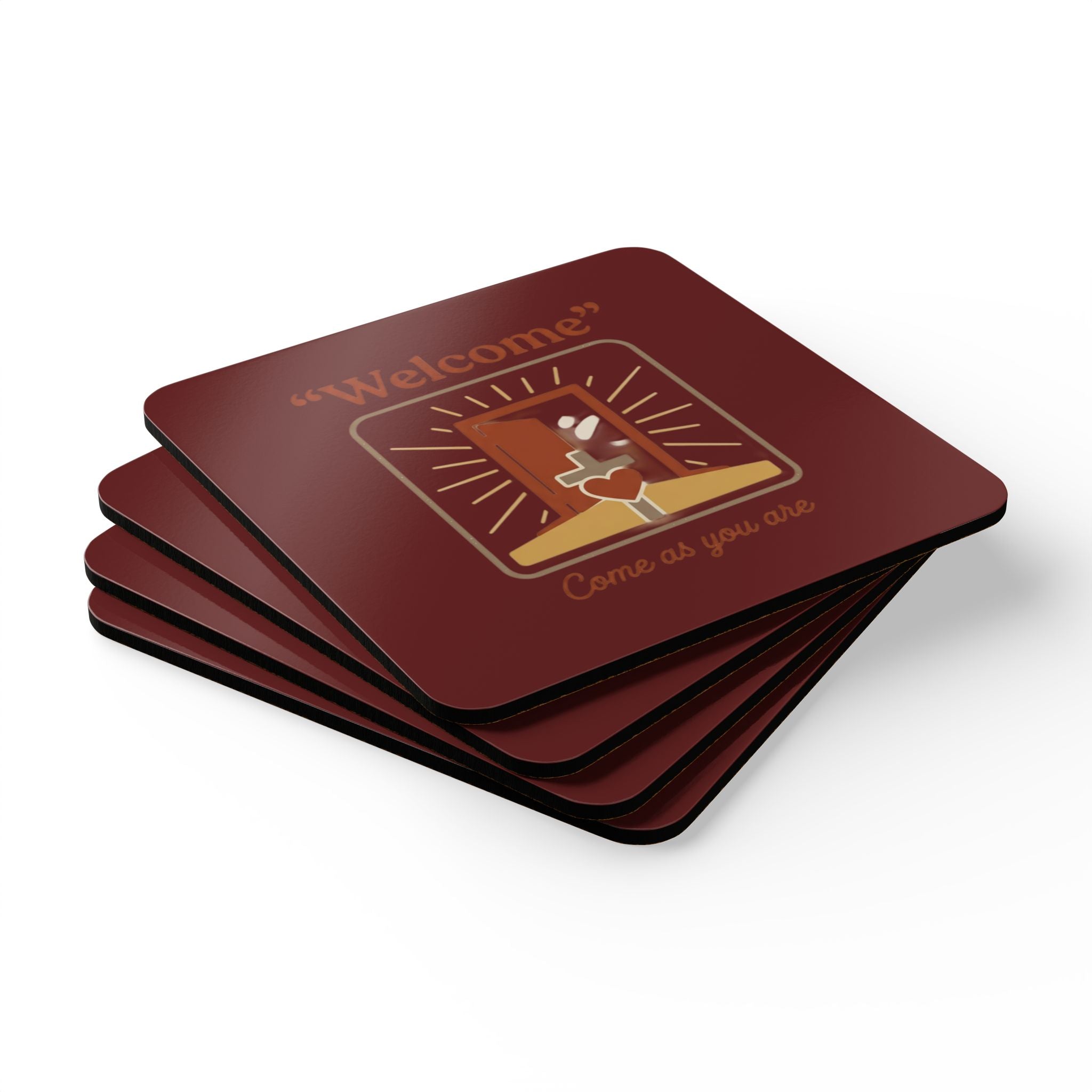 "Welcome" Cork Coaster Set – 'Come as You Are' Retro Door & Heart Drink Coasters