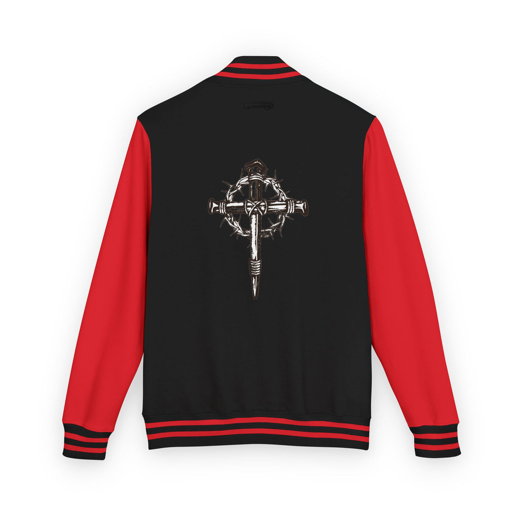 Gothic Cross Nail Emblem Letterman Jacket | Red White Varsity