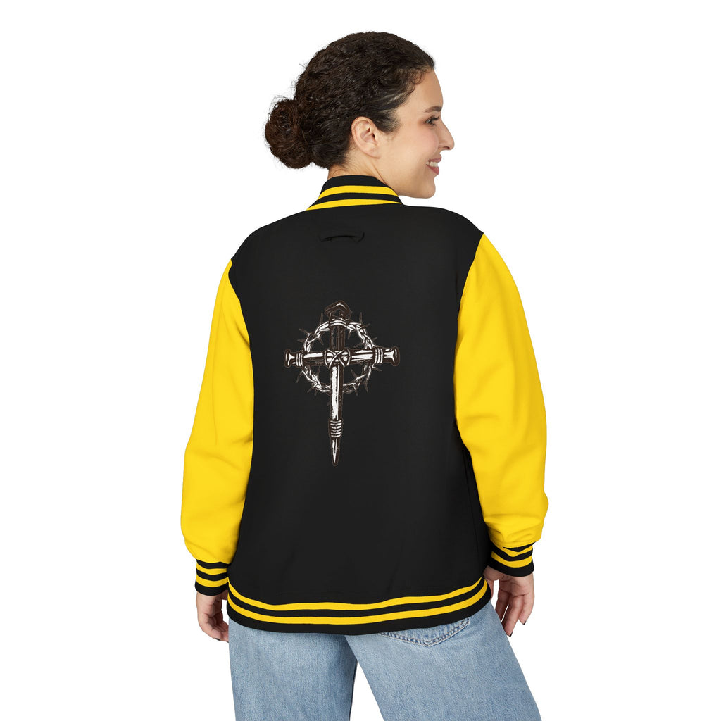 Gothic Cross Nail Emblem Letterman Jacket | Red White Varsity