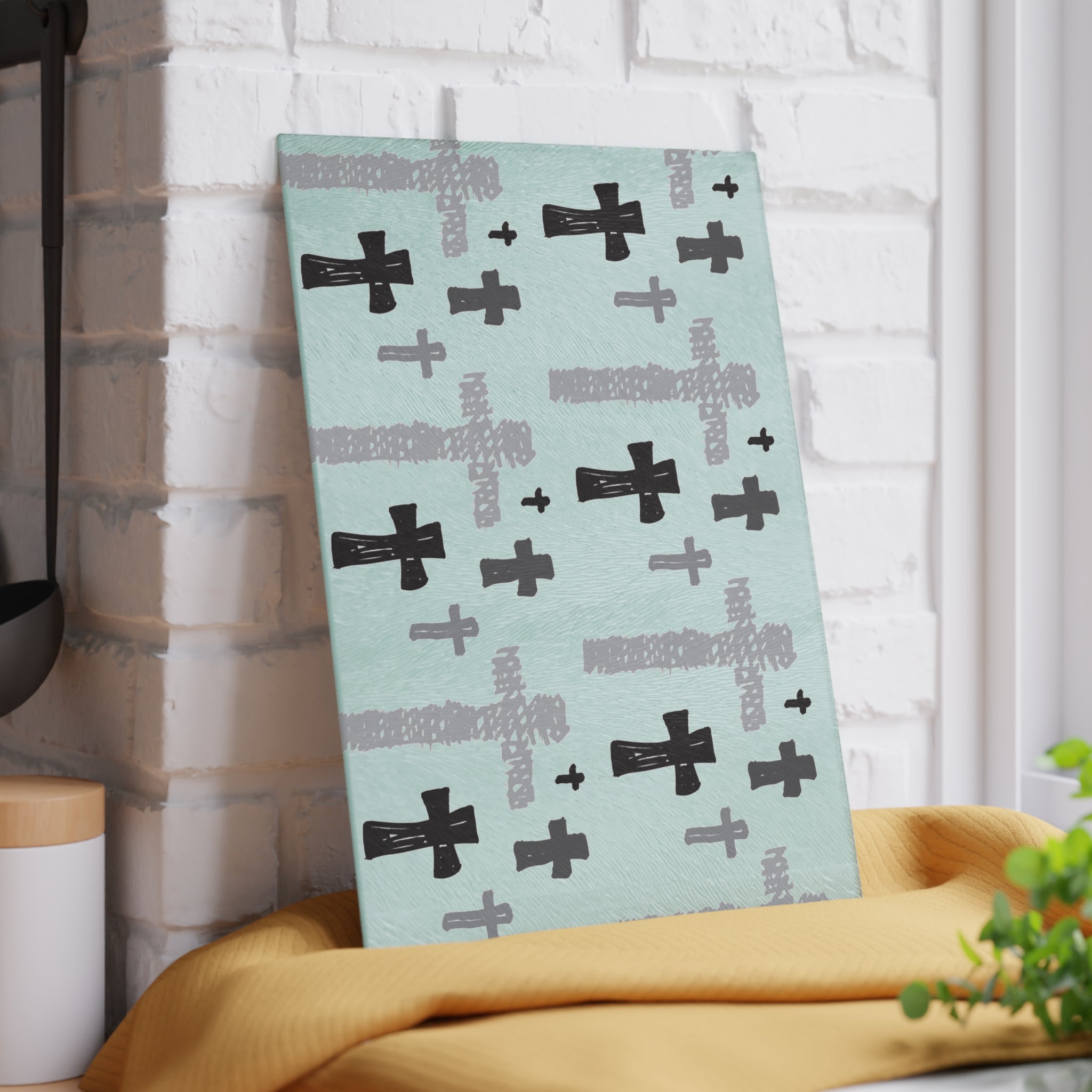 Handdrawn Cross Pattern Glass Cutting Board | Religious Kitchen Décor