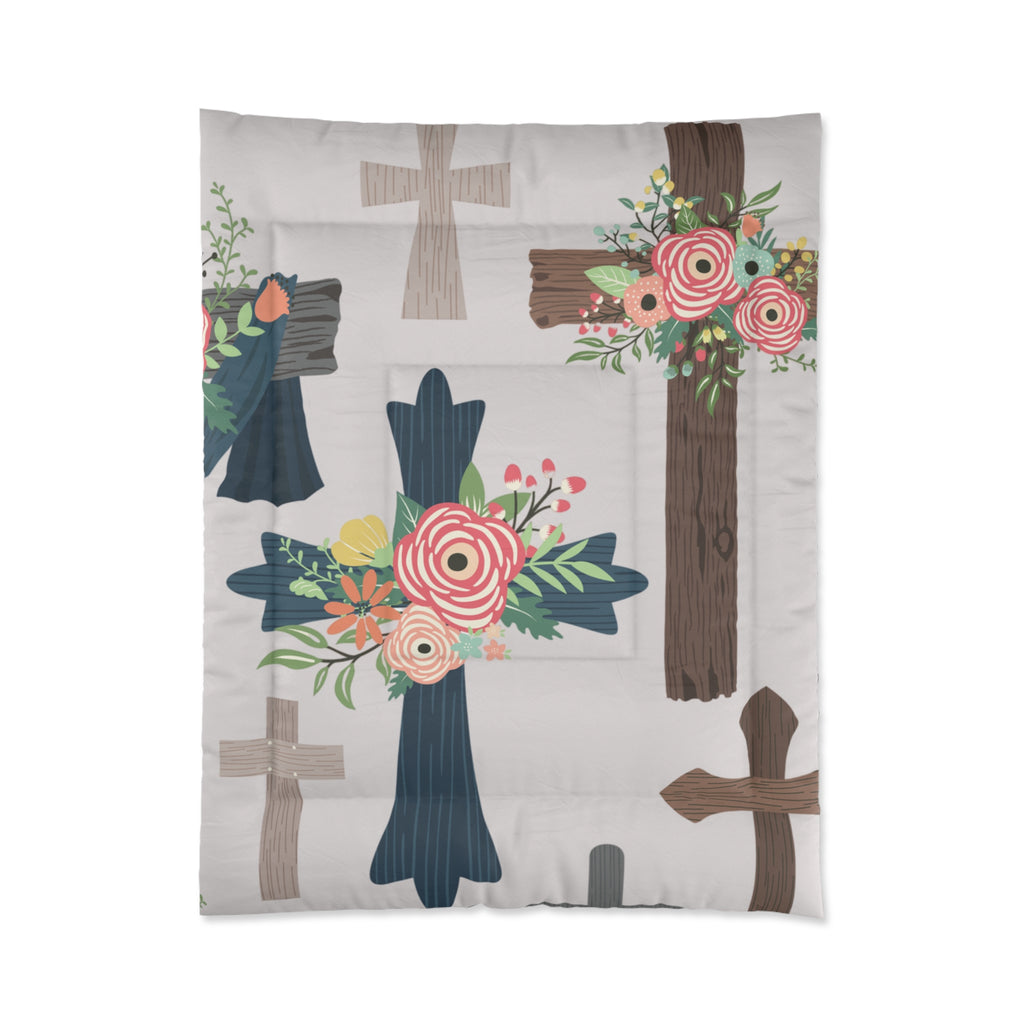 Floral Cross Comforter – Christian Bedroom Duvet with Pink Rose Wreaths