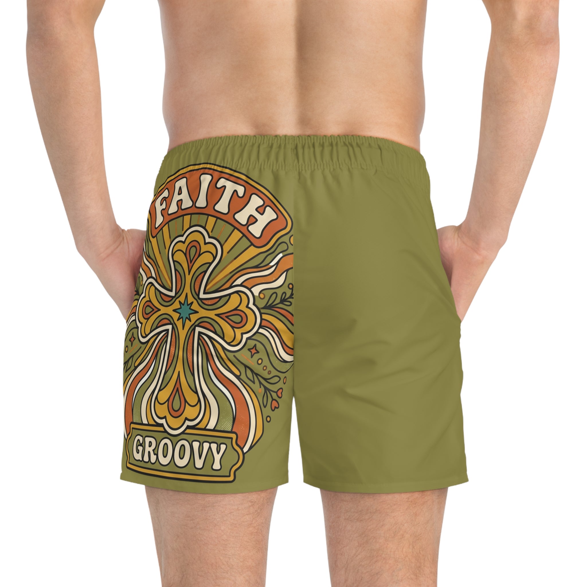 Groovy Faith Swim Trunks green— Retro Orange Cross Beach Shorts