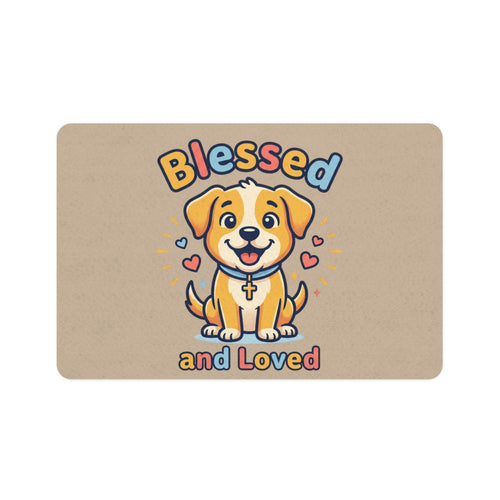 Blessed and Loved Pet Food Mat — Cute Puppy Placemat (12x18)