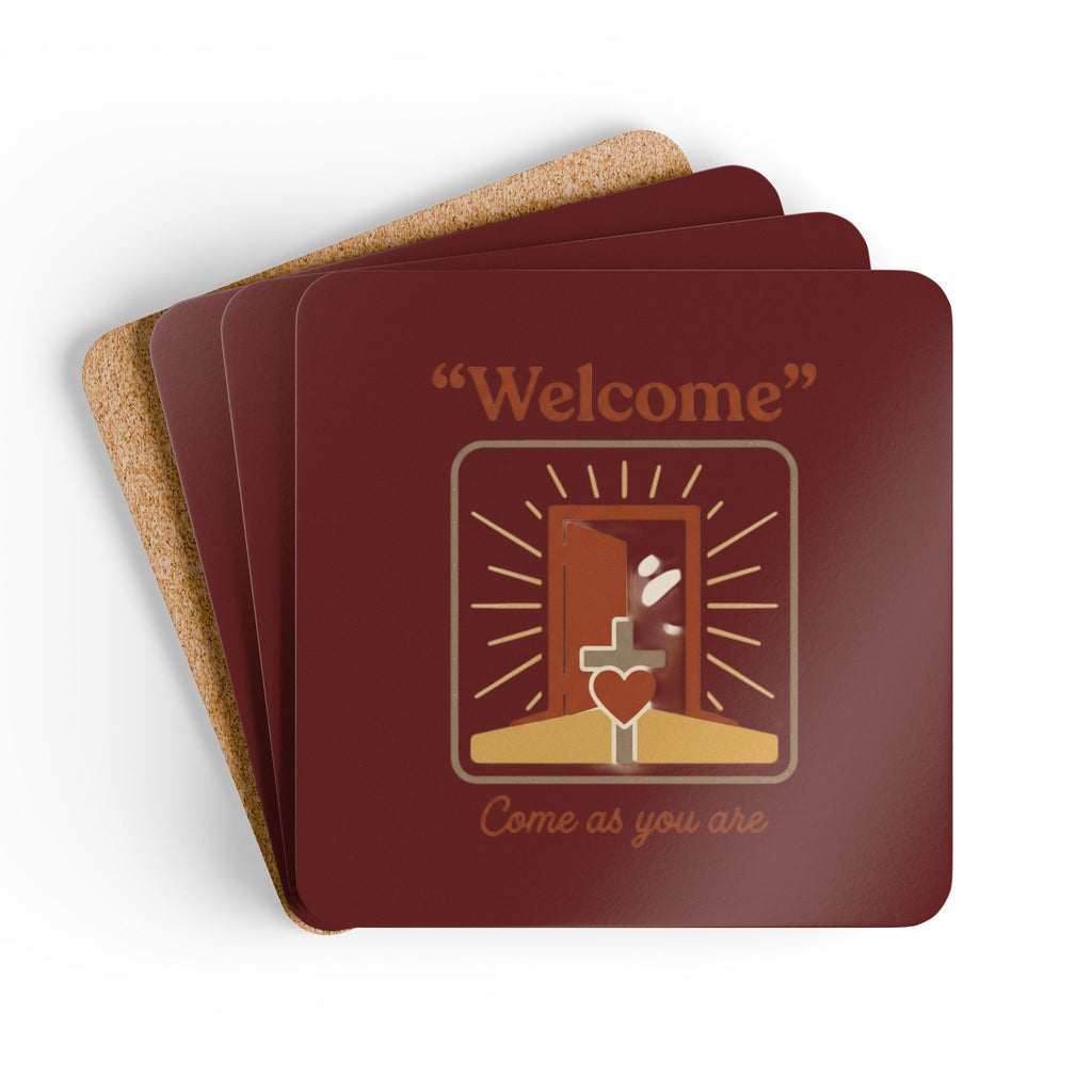 "Welcome" Cork Coaster Set – 'Come as You Are' Retro Door & Heart Drink Coasters