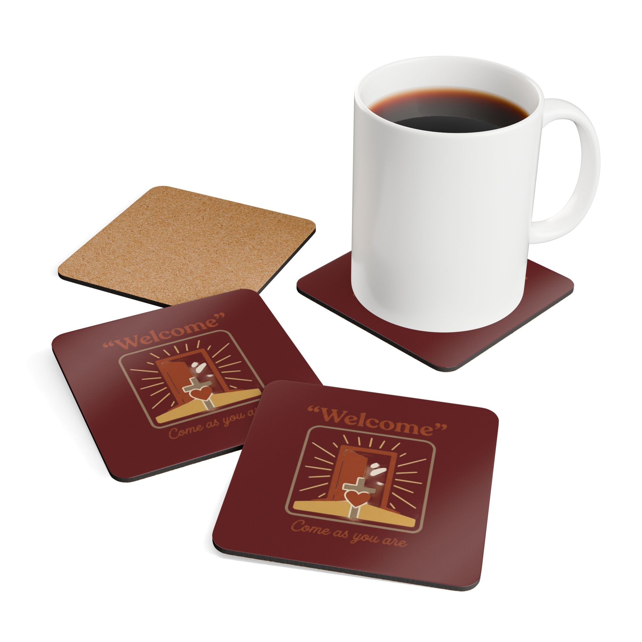 "Welcome" Cork Coaster Set – 'Come as You Are' Retro Door & Heart Drink Coasters