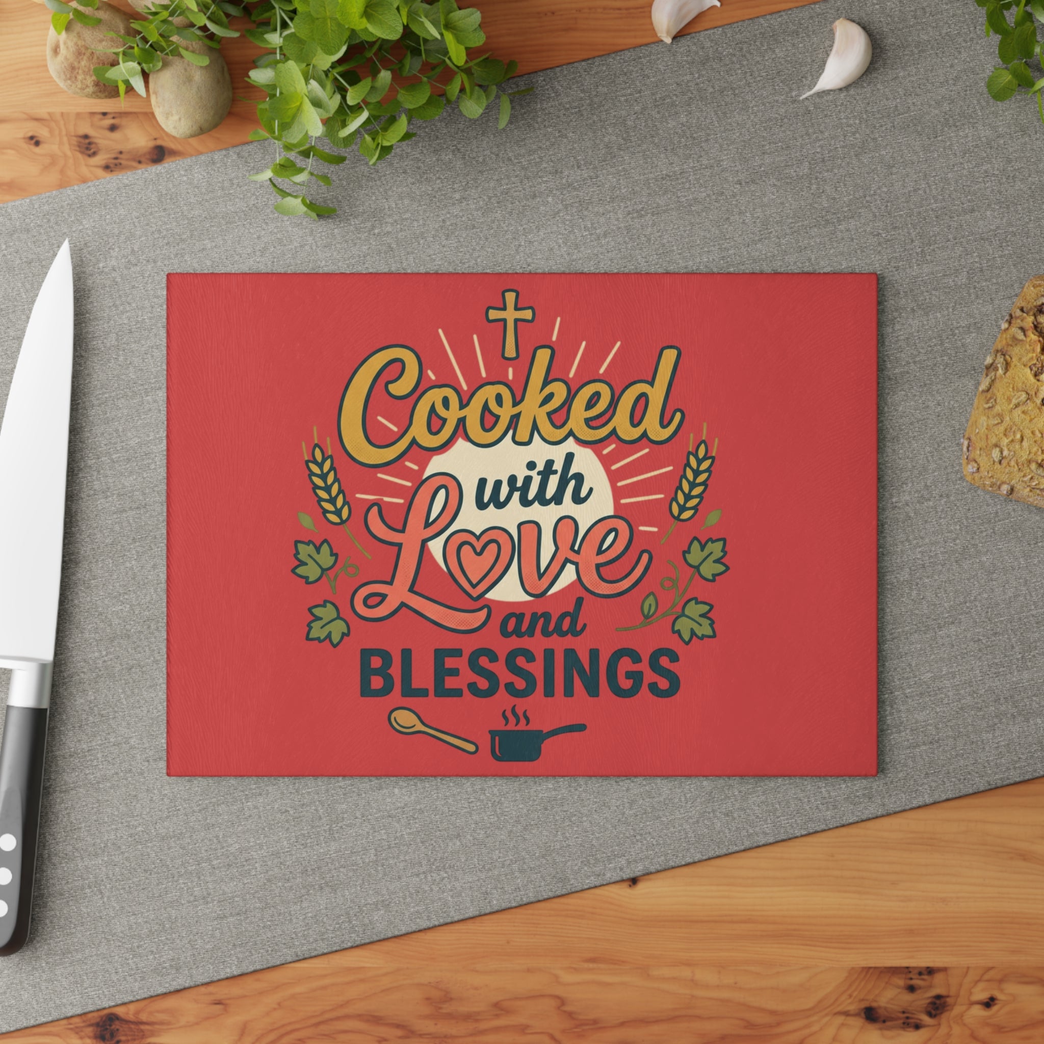 Cooked with Love Glass Cutting Board | Religious Kitchen Décor red